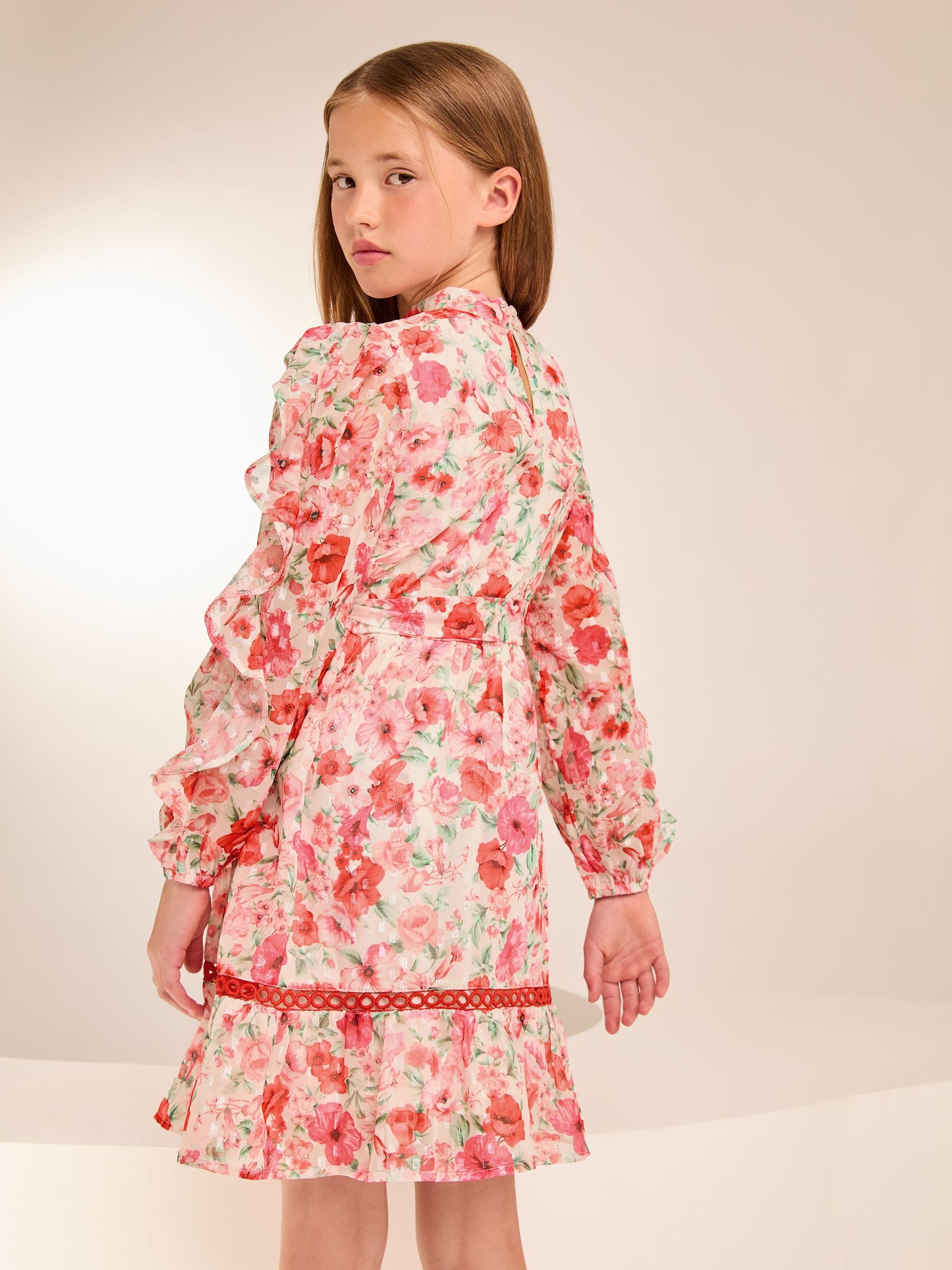 Pink Floral Ruffle Sleeve Chiffon Sparkle Dress (5-16yrs)