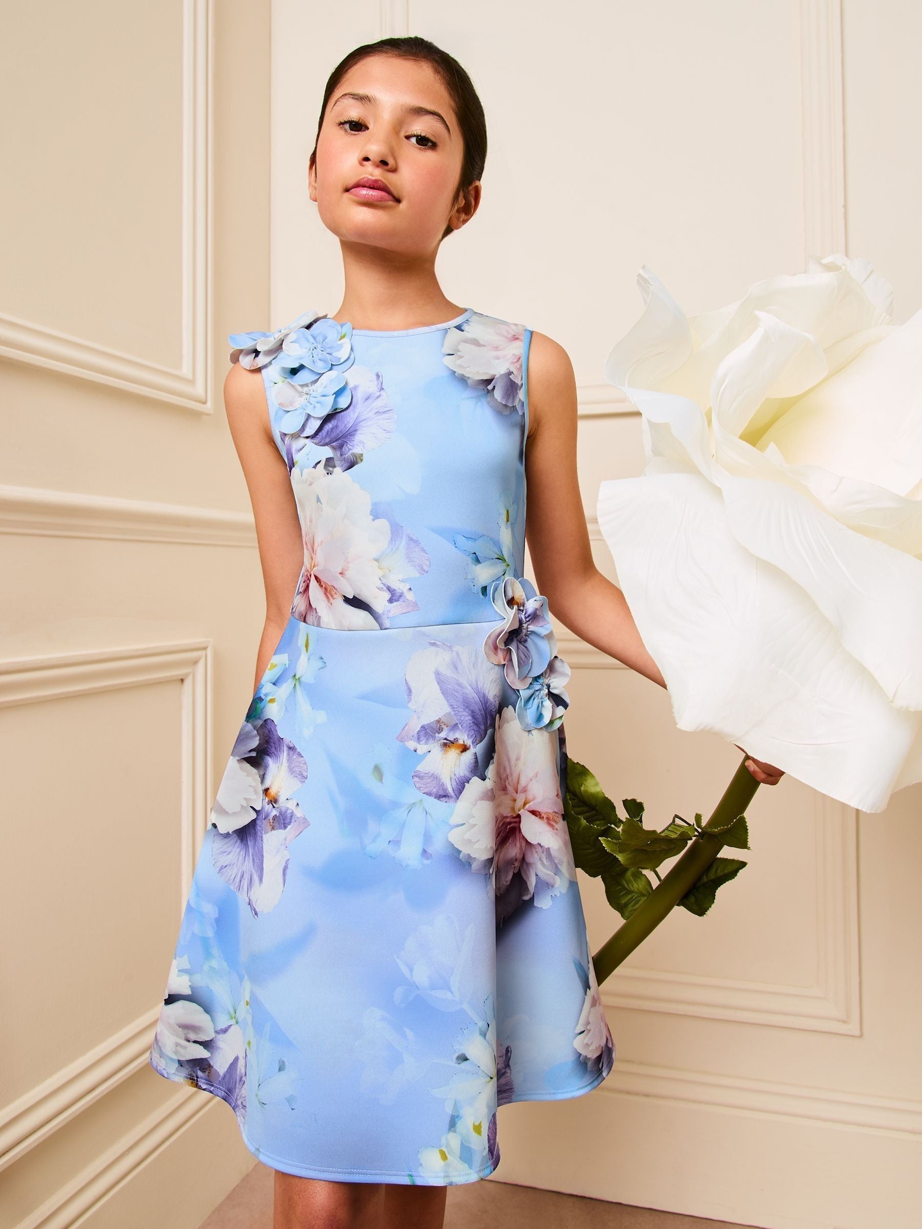 Lipsy Blue Floral Corsage Scuba Dress (5-16yrs)