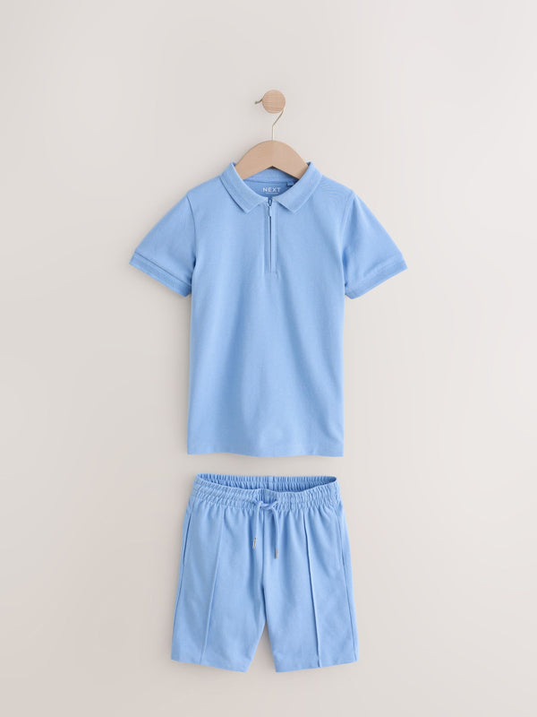 Blue Zip Neck Polo Shirt And Shorts Set (3-16yrs)