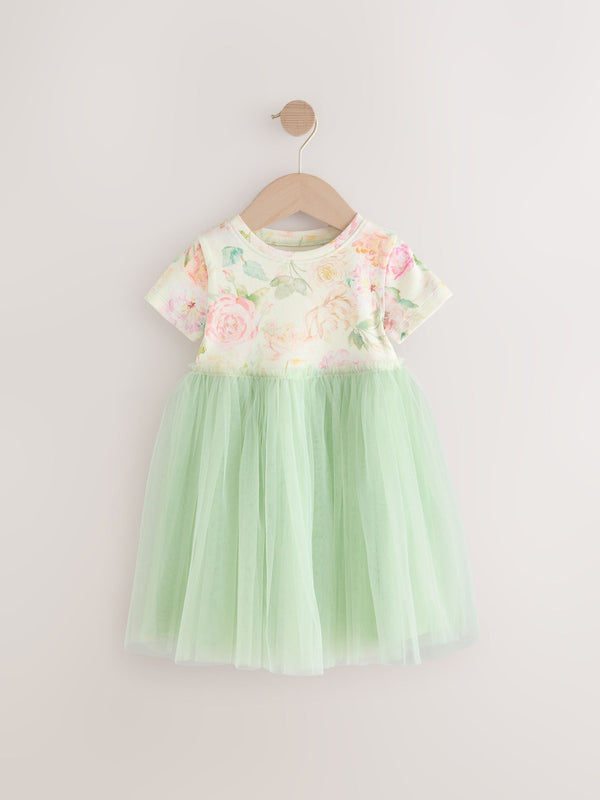 Sage Green Floral Ribbed Mesh Party Dress (3mths-7yrs)