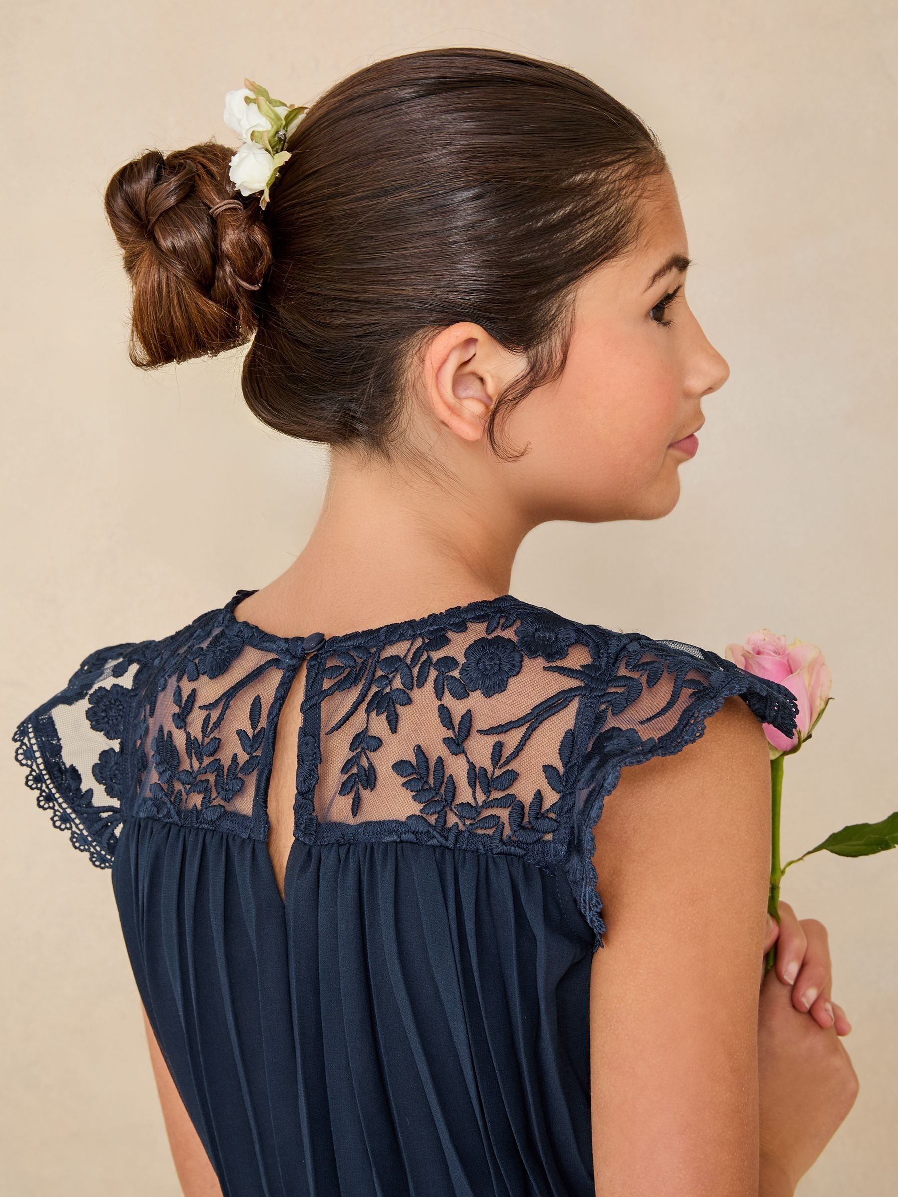 Navy Blue Lace Bow Yolk Pleated Occasion Dress (5-16yrs)