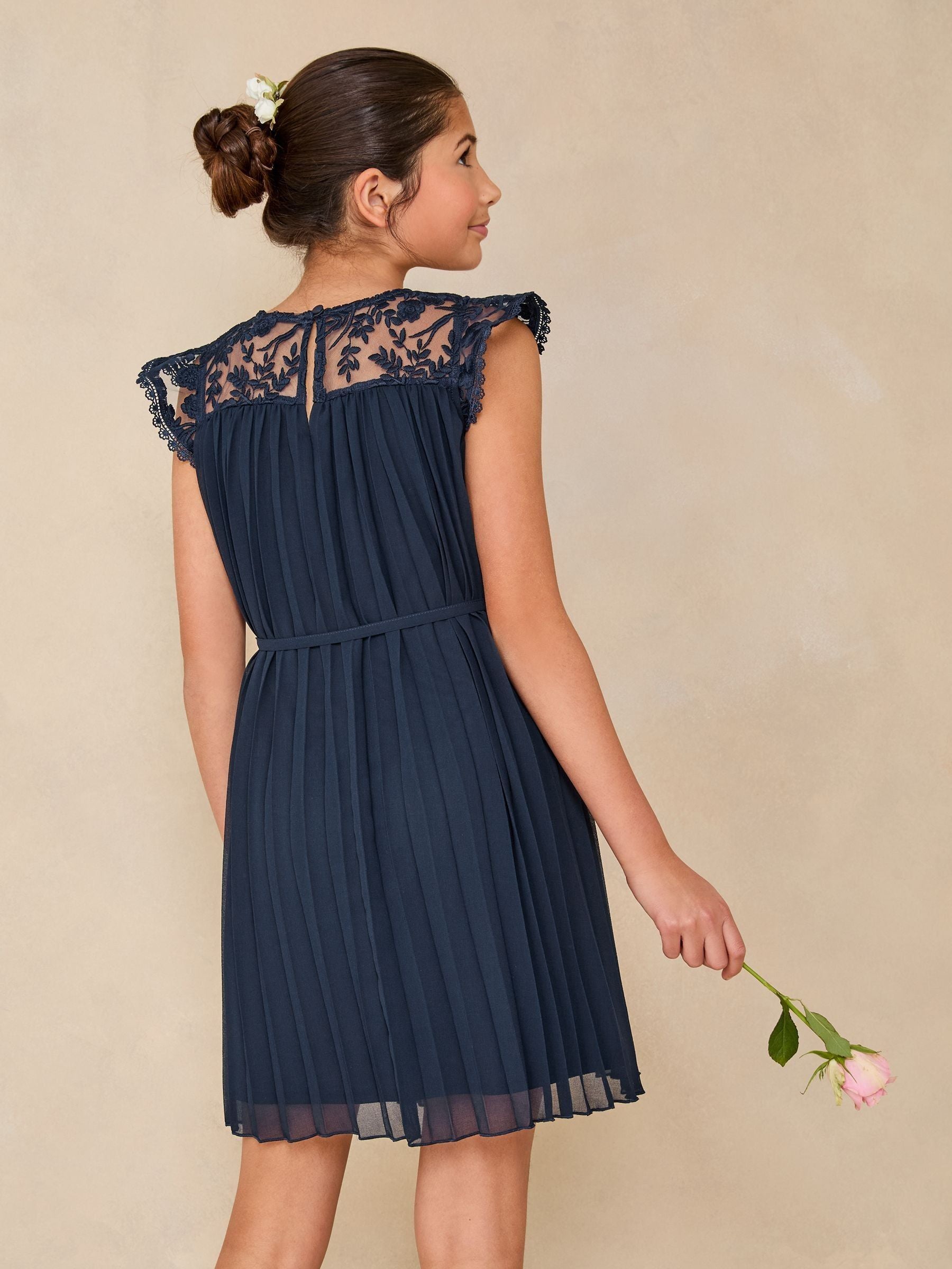 Navy Blue Lace Bow Yolk Pleated Occasion Dress (5-16yrs)