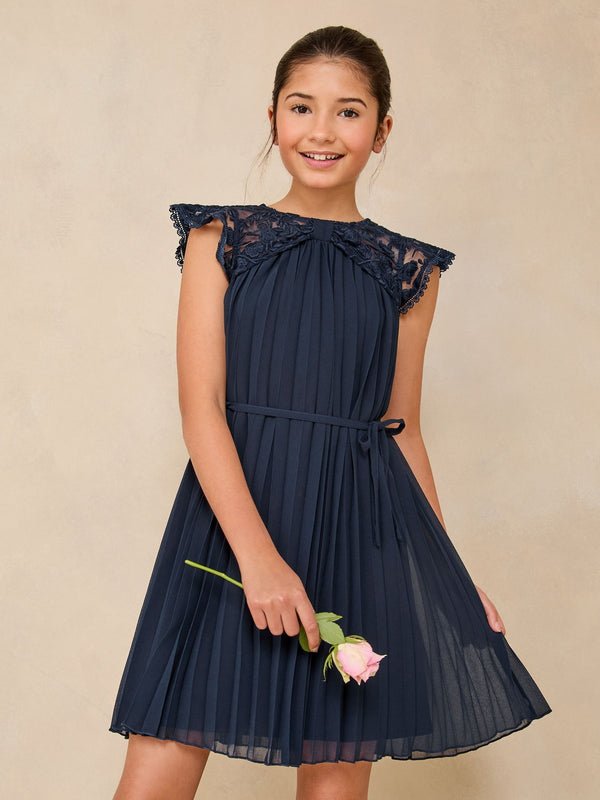 Navy Blue Lace Bow Yolk Pleated Occasion Dress (5-16yrs)