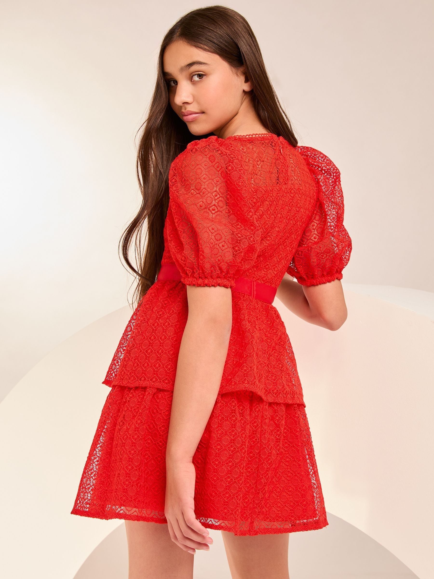 Red Lace Puff Sleeve Occasion Dress (2-16yrs)