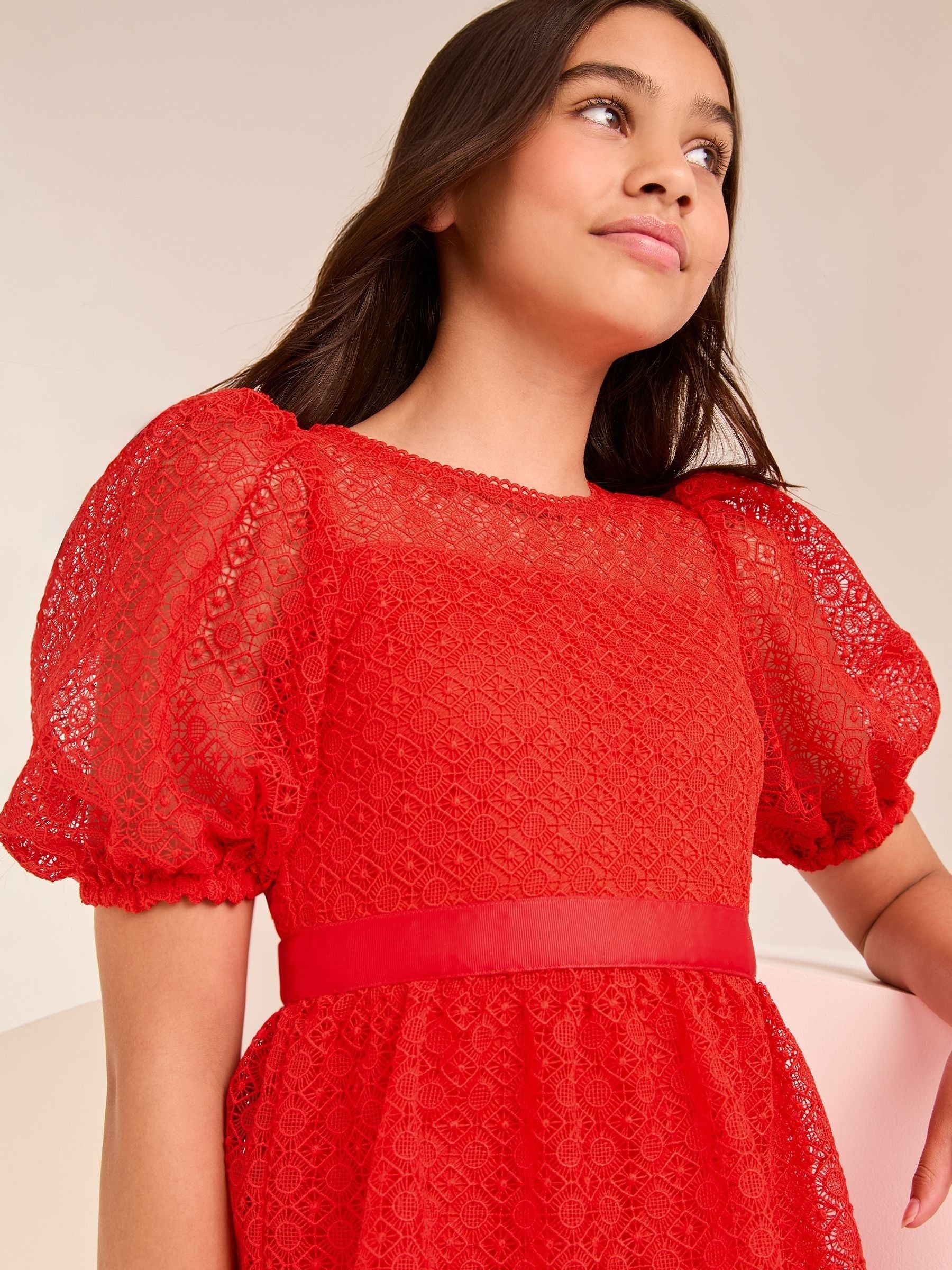 Red Lace Puff Sleeve Occasion Dress (2-16yrs)