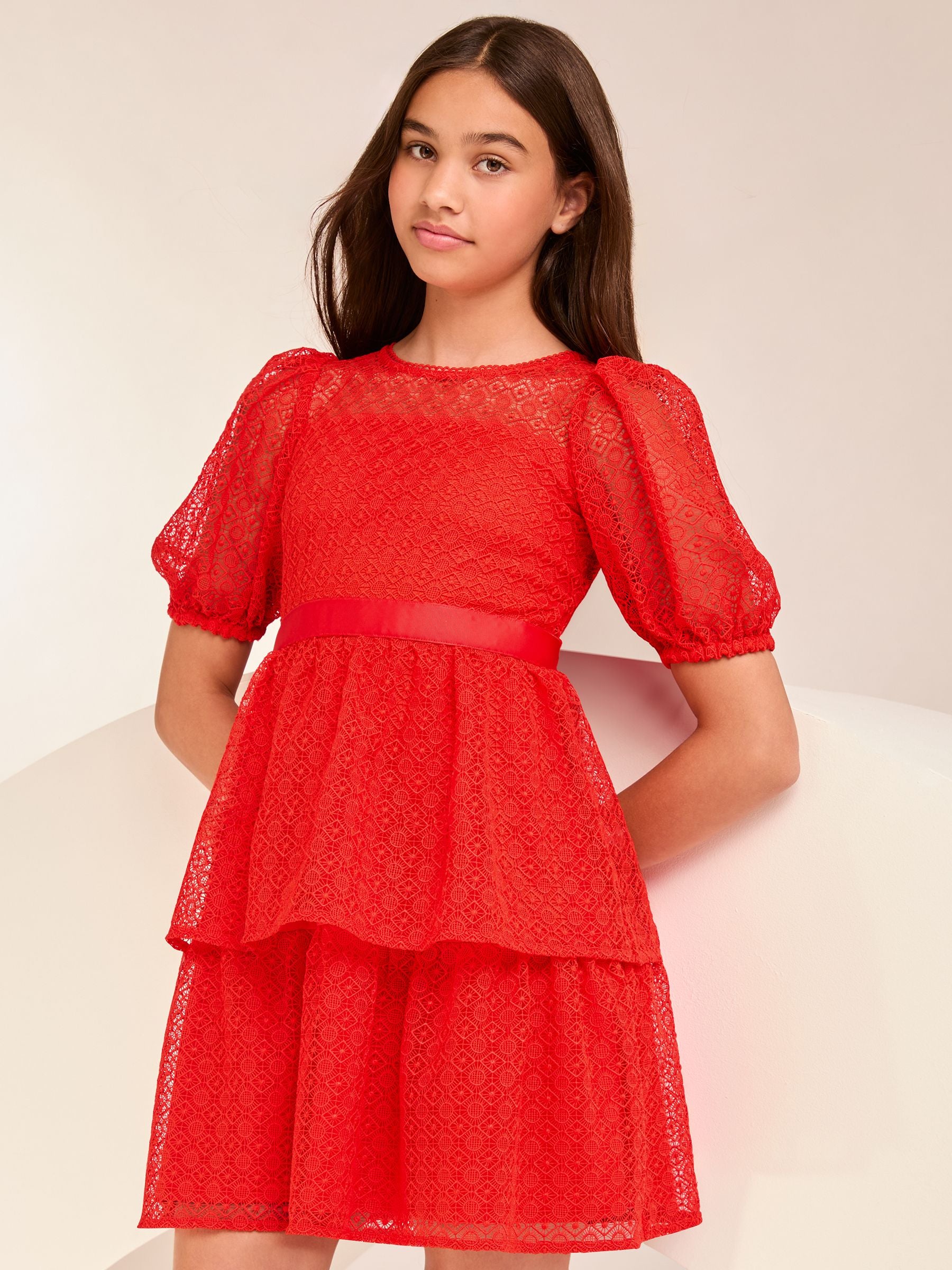 Red Lace Puff Sleeve Occasion Dress (2-16yrs)