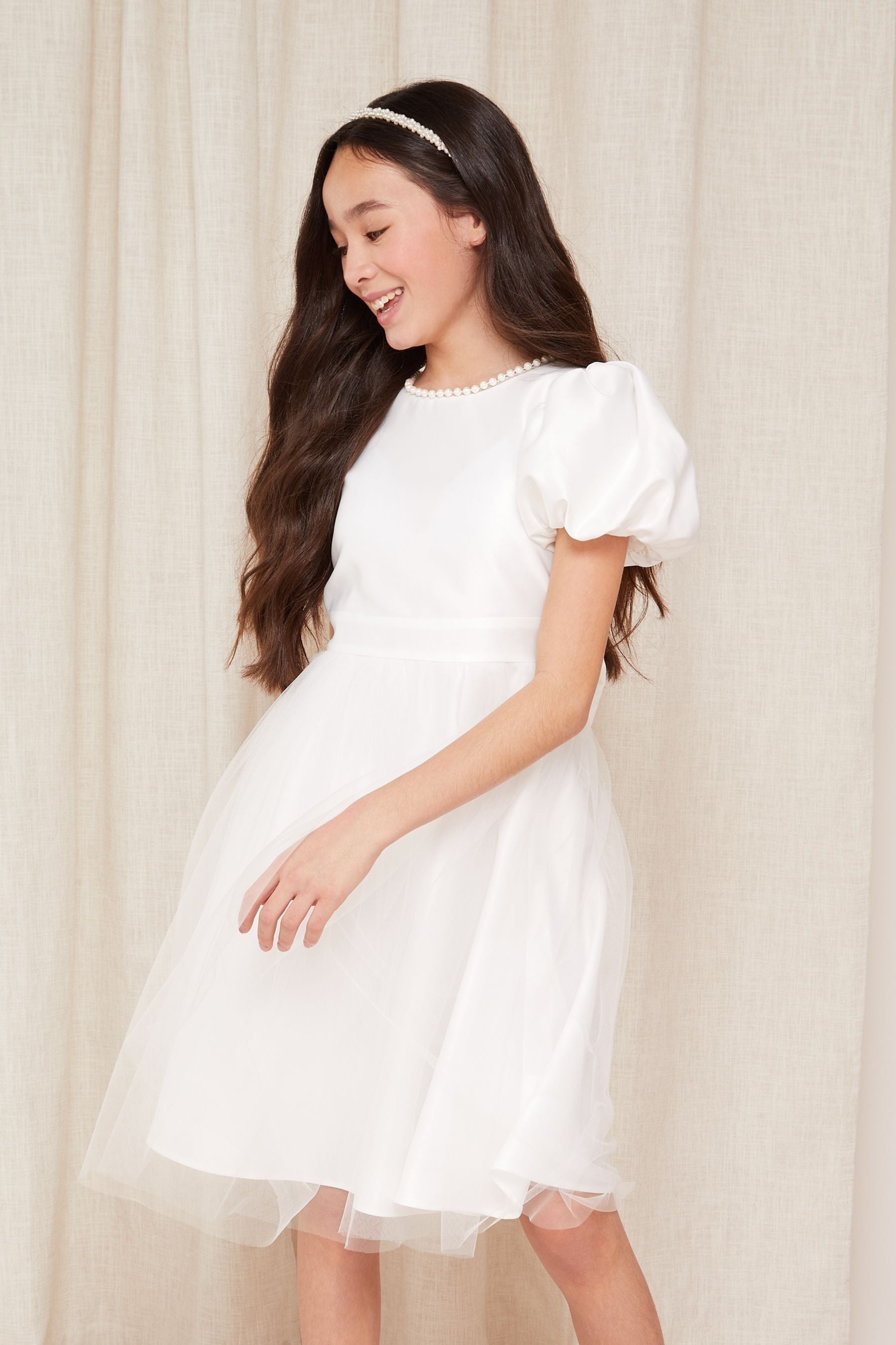 Lipsy Ivory Puff Sleeve Occasion Dress (3-12yrs) (3-12yrs)