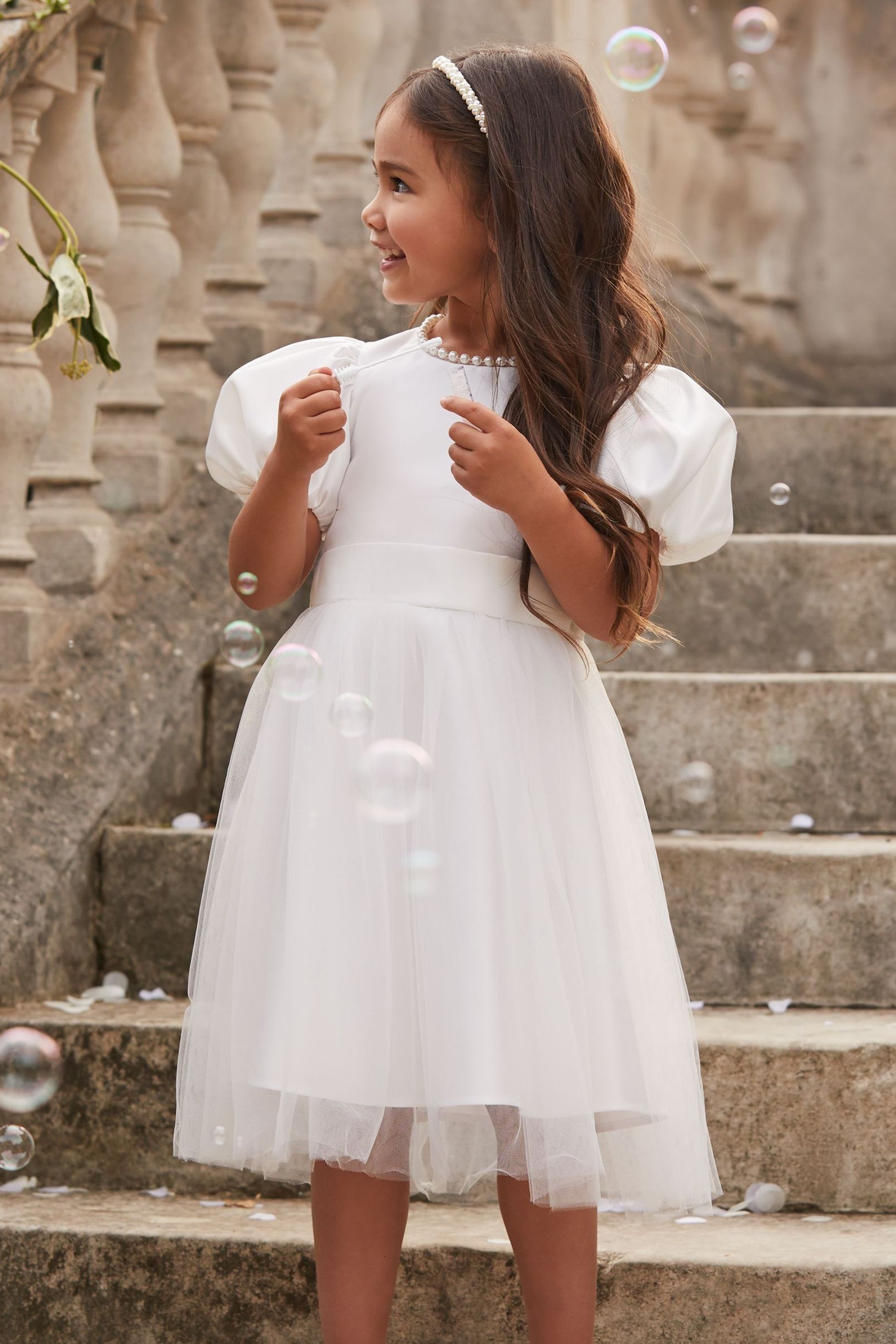 Lipsy Ivory Puff Sleeve Occasion Dress (3-12yrs) (3-12yrs)