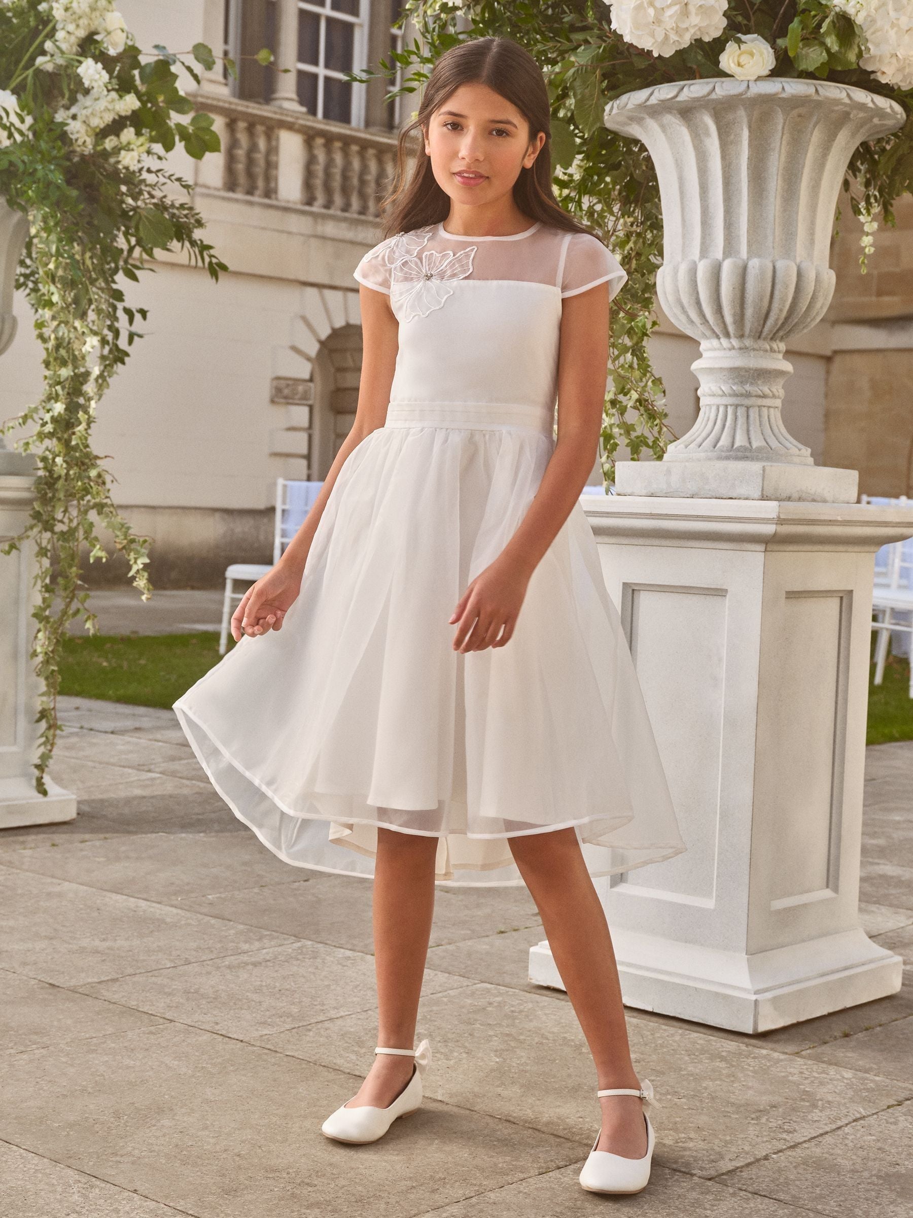 White Embellished Flower Occasion Dress (5-16yrs)