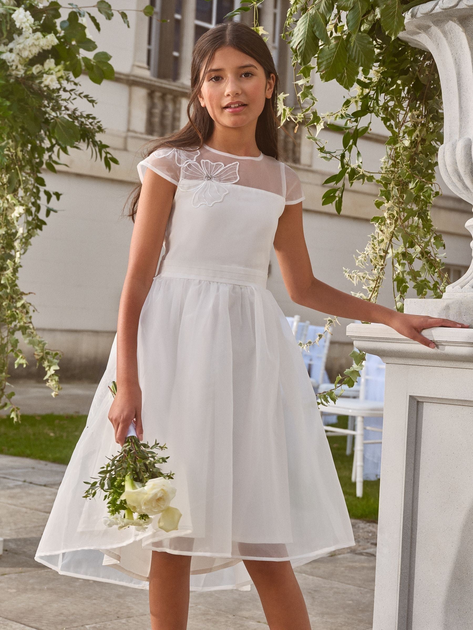 White Embellished Flower Occasion Dress (5-16yrs)