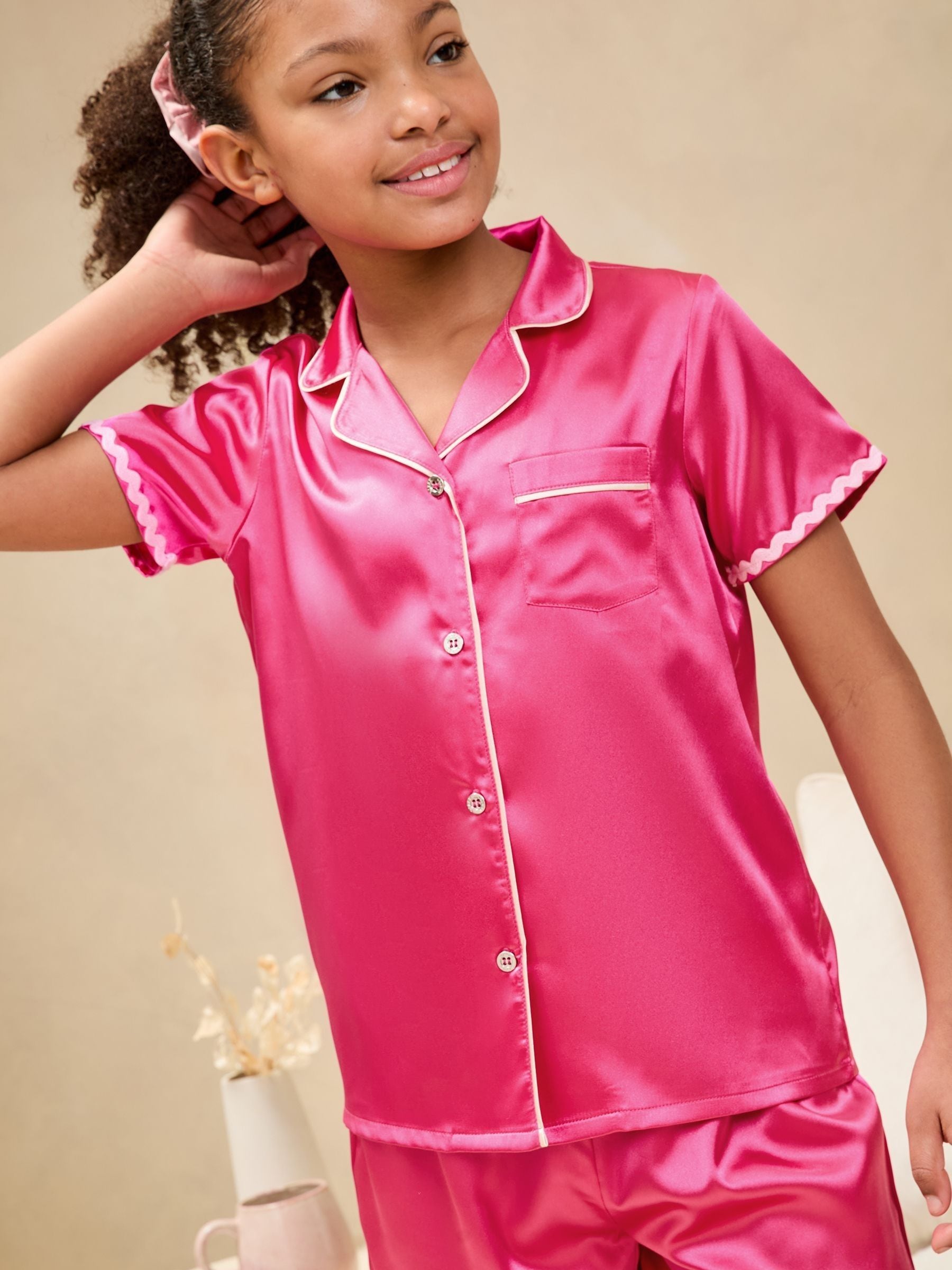 Bright Pink Satin Pyjamas (3-16yrs)