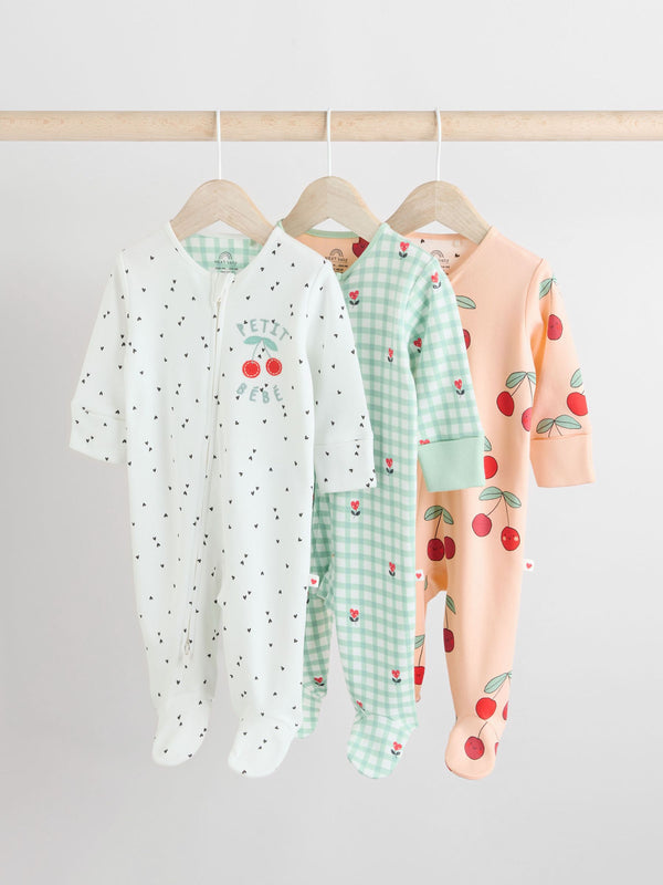 White Cherry 3 Pack 100% Cotton Popper Baby Sleepsuits