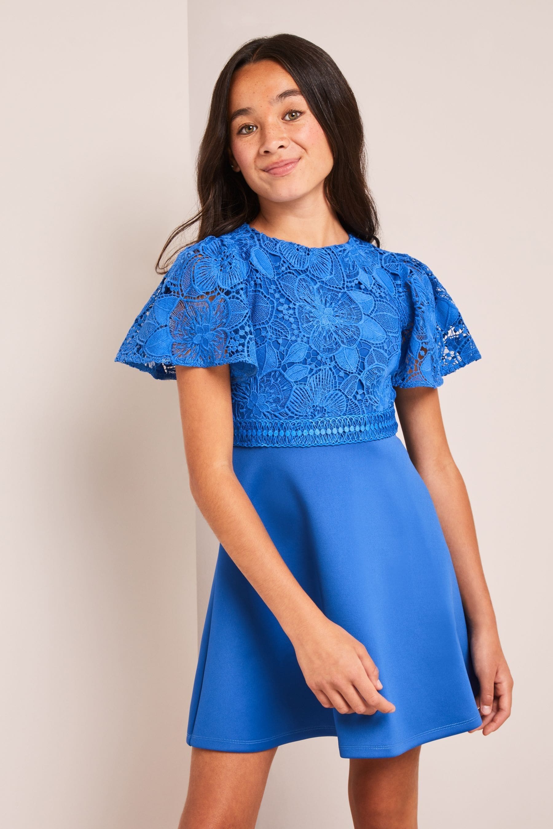 Lipsy Cobalt Blue 2-in-1 Flutter Sleeve Lace Occasion Dress (5-16yrs) (7-16yrs)