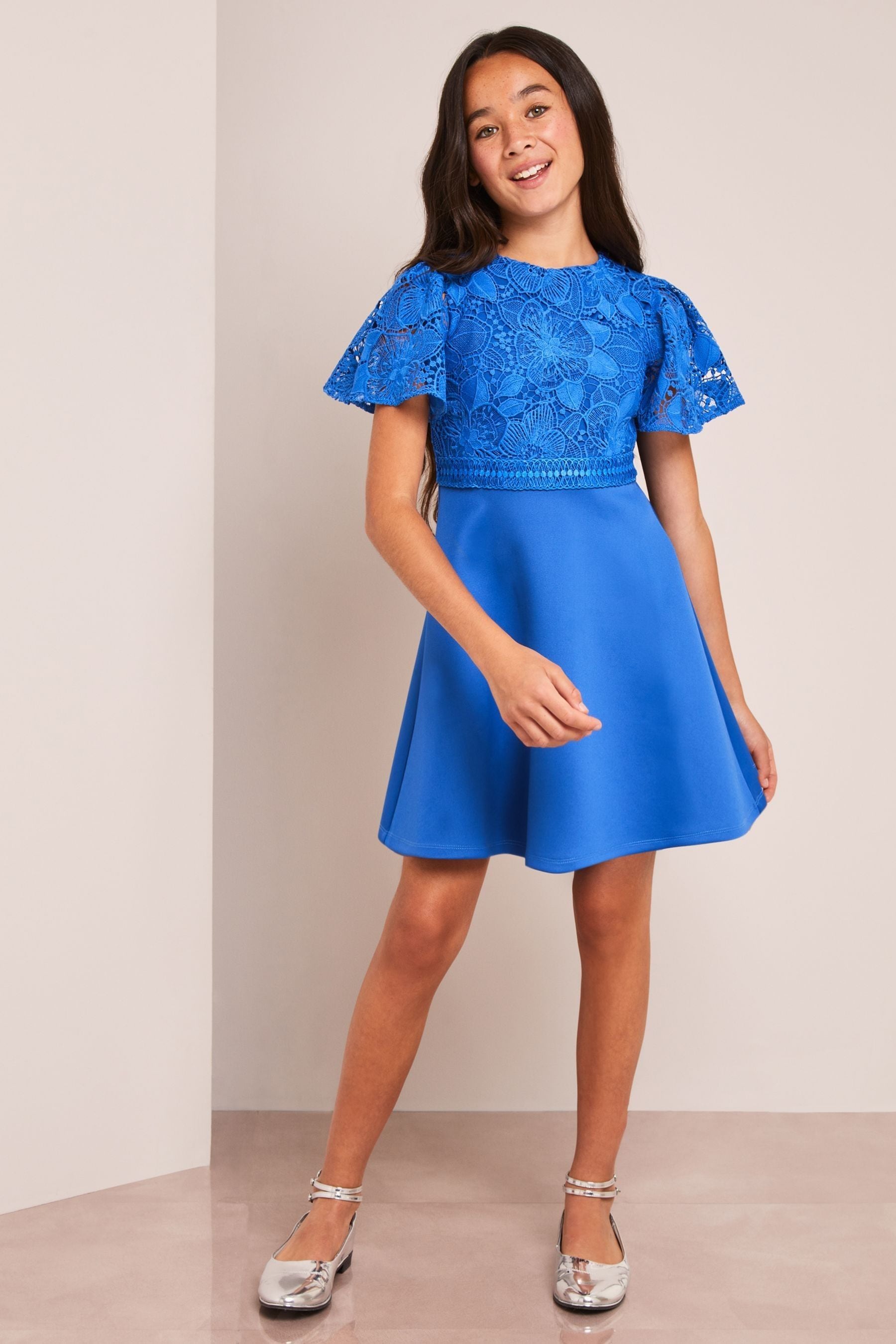 Lipsy Cobalt Blue 2-in-1 Flutter Sleeve Lace Occasion Dress (5-16yrs) (7-16yrs)