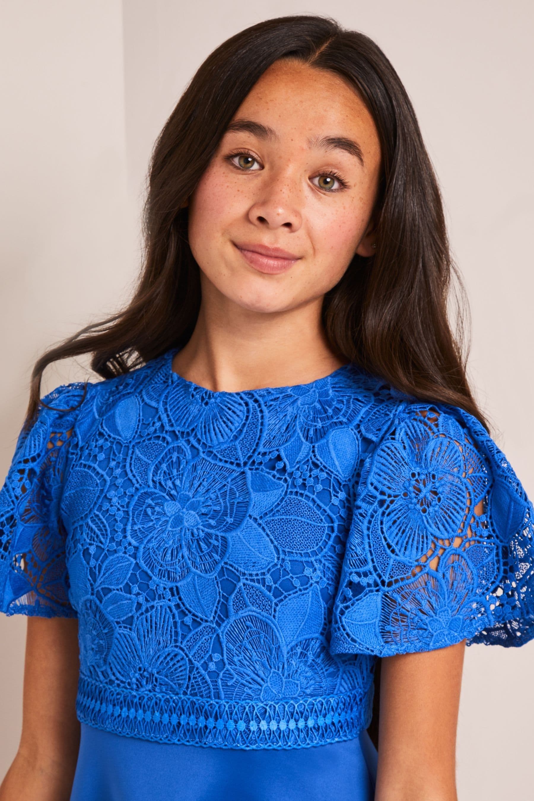 Lipsy Cobalt Blue 2-in-1 Flutter Sleeve Lace Occasion Dress (5-16yrs) (7-16yrs)