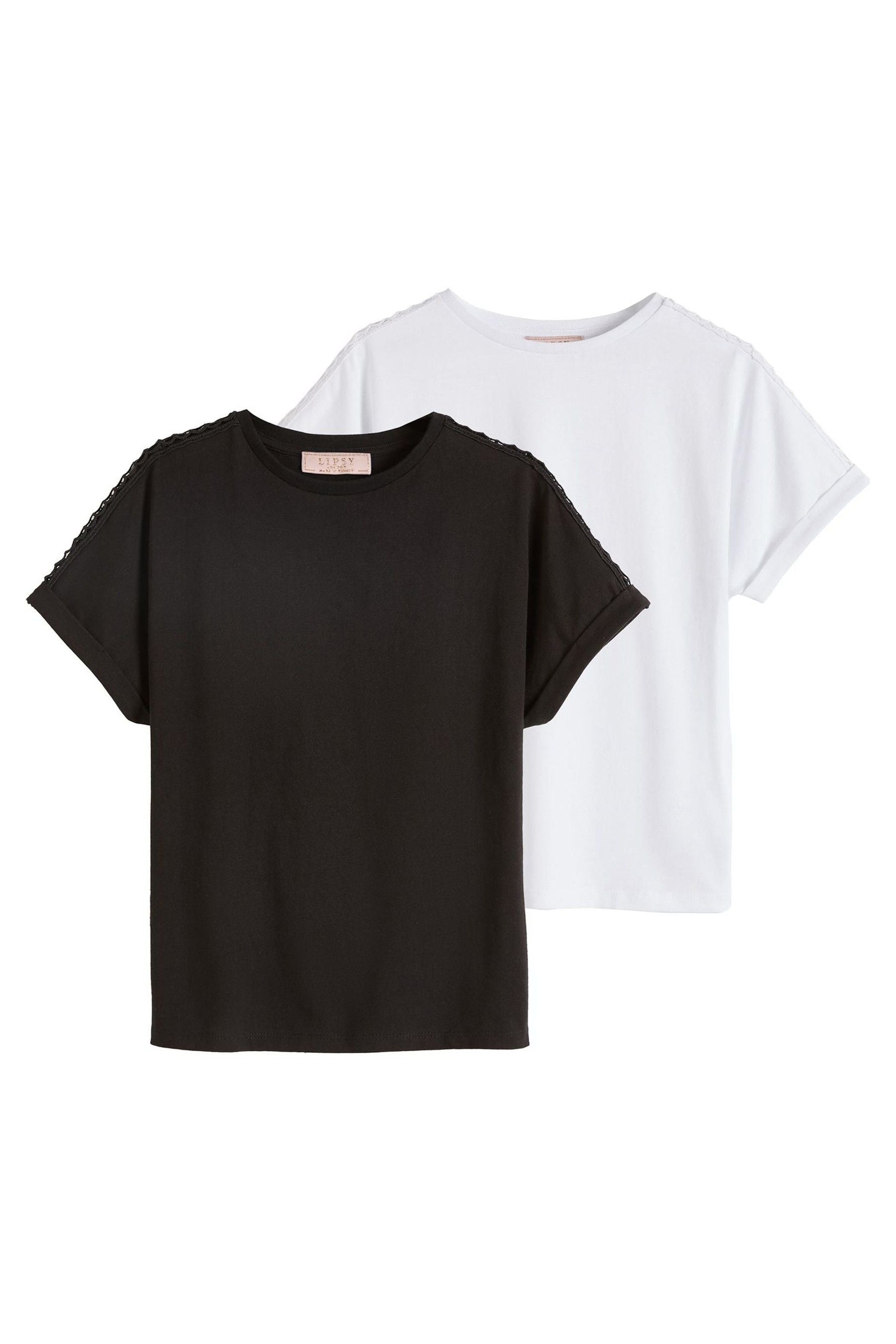 Black/White Shoulder Trim 100% Cotton Tops 2 Pack (5-16yrs)