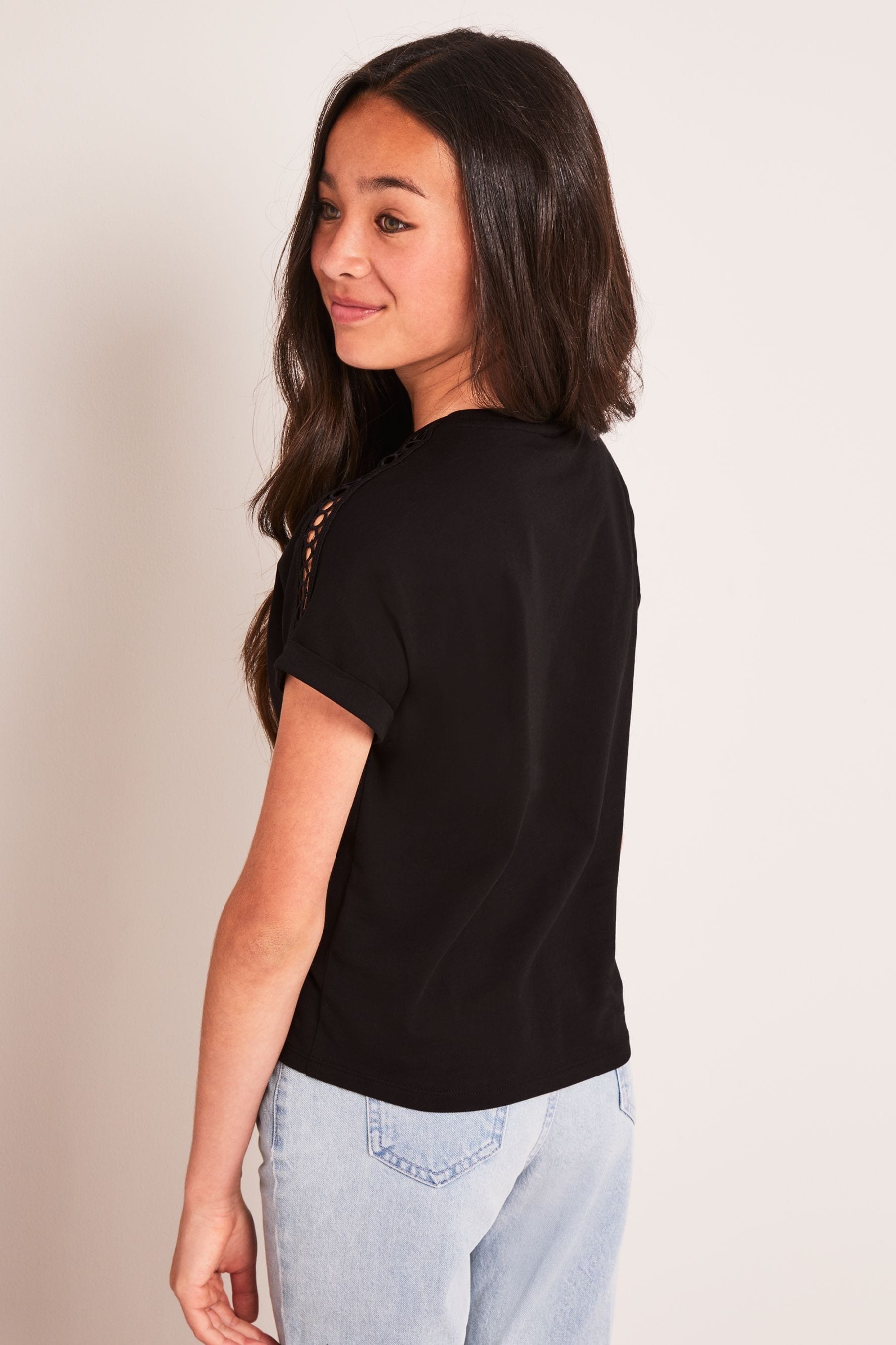 Black 100% Cotton Shoulder Trim Top (5-16yrs) (5-16yrs)