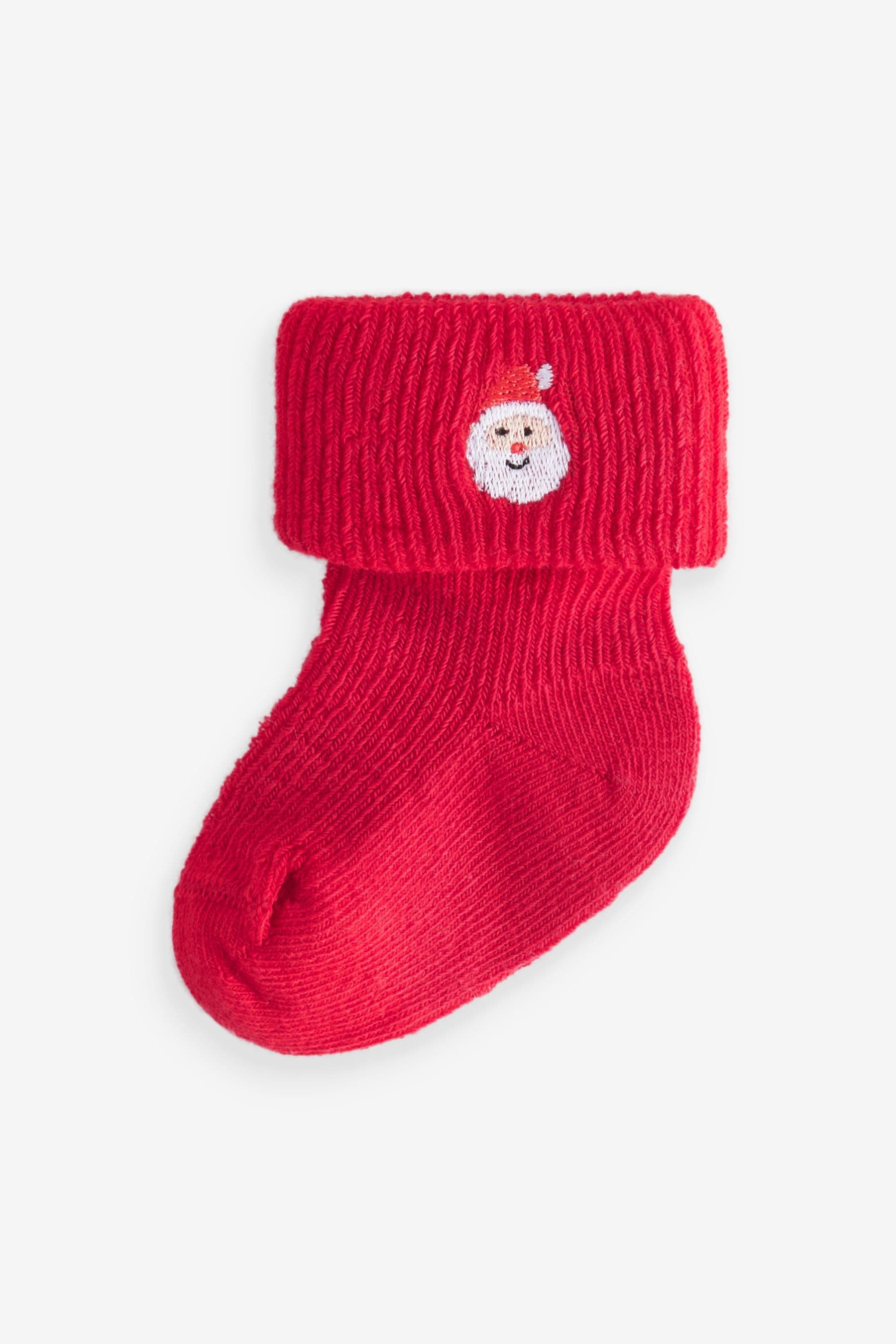 Red Green White Roll Top Embroidered Christmas Socks 5 Pack (0mths-2yrs)