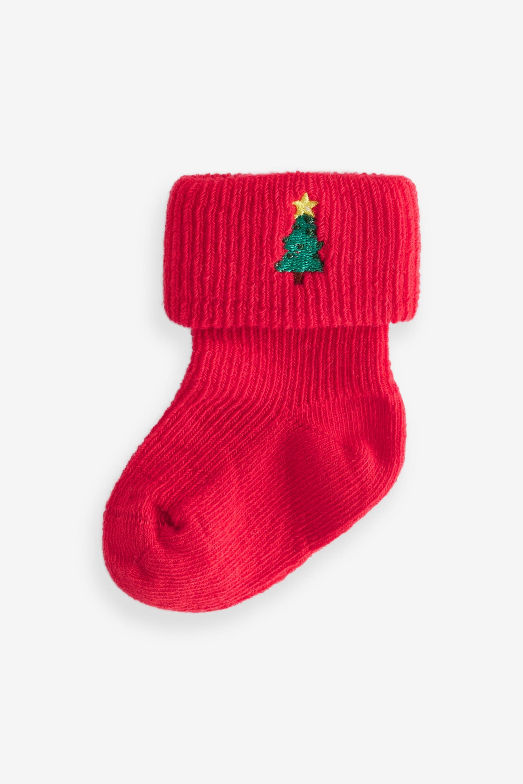 Red Green White Roll Top Embroidered Christmas Socks 5 Pack (0mths-2yrs)