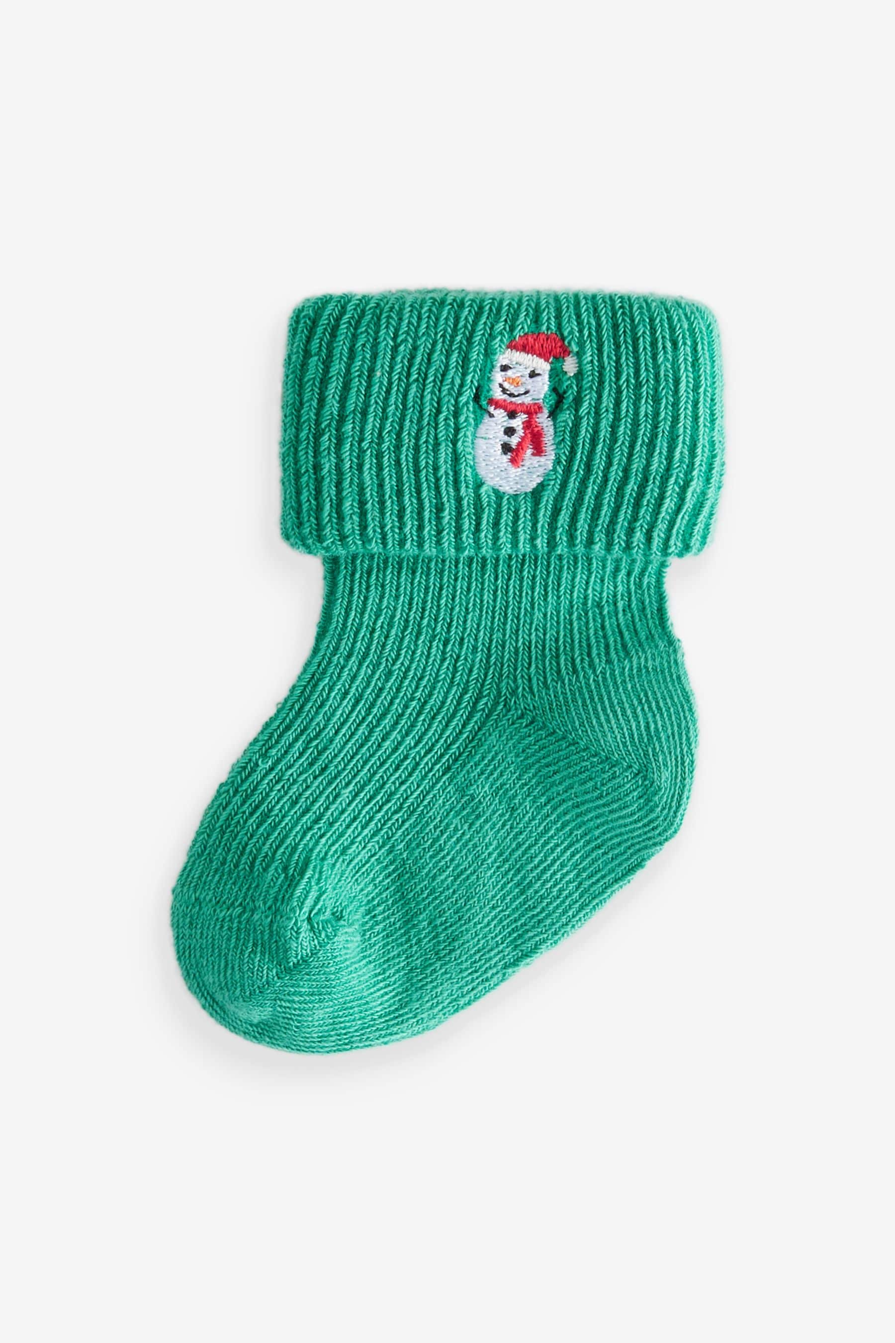 Red Green White Roll Top Embroidered Christmas Socks 5 Pack (0mths-2yrs)