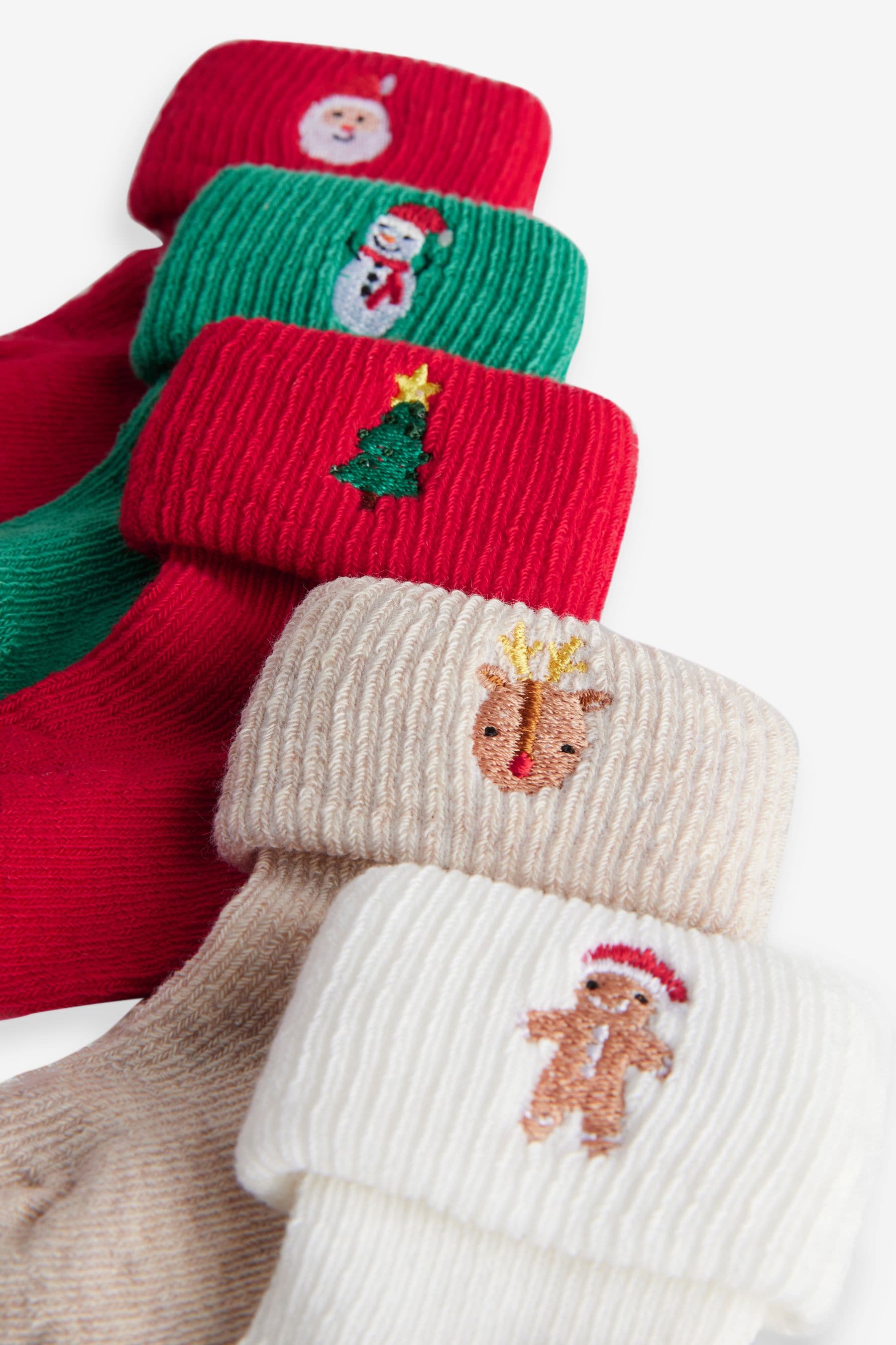 Red Green White Roll Top Embroidered Christmas Socks 5 Pack (0mths-2yrs)