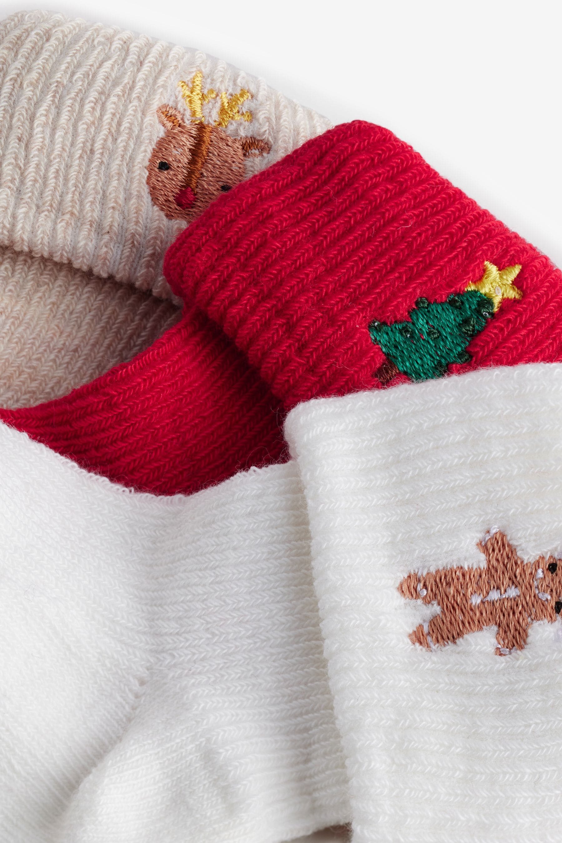 Red Green White Roll Top Embroidered Christmas Socks 5 Pack (0mths-2yrs)