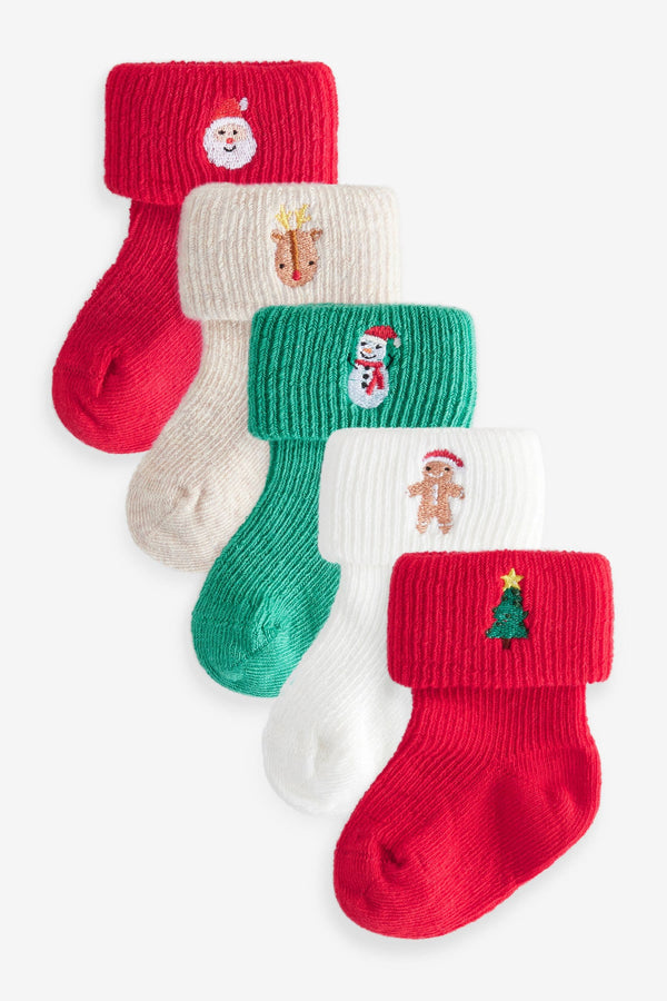 Red Green White Roll Top Embroidered Christmas Socks 5 Pack (0mths-2yrs)