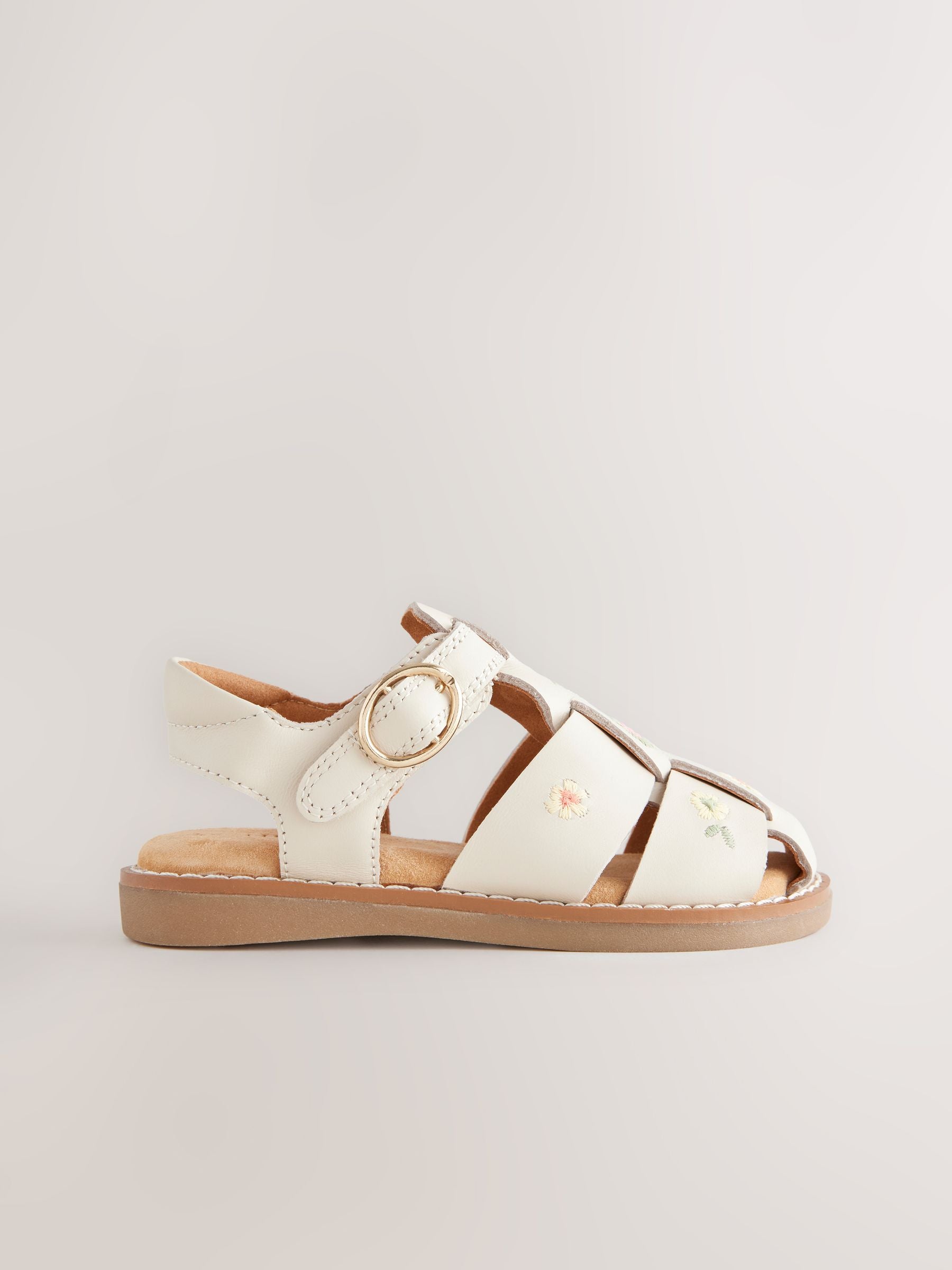 Neutral Embroidered Flower Leather Fisherman Sandals