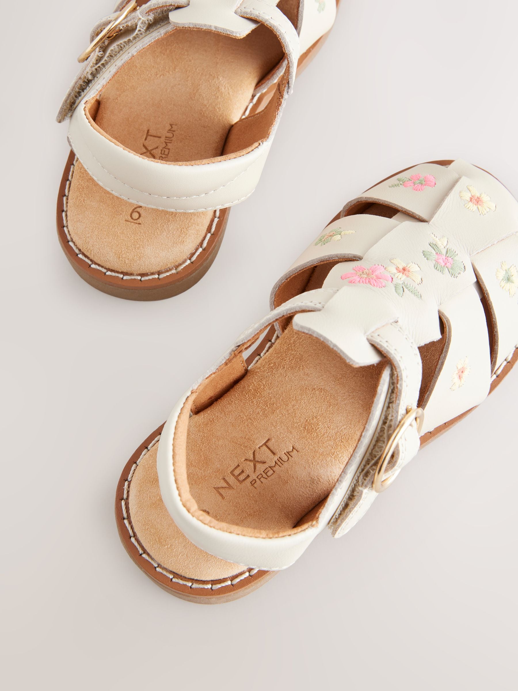 Neutral Embroidered Flower Leather Fisherman Sandals