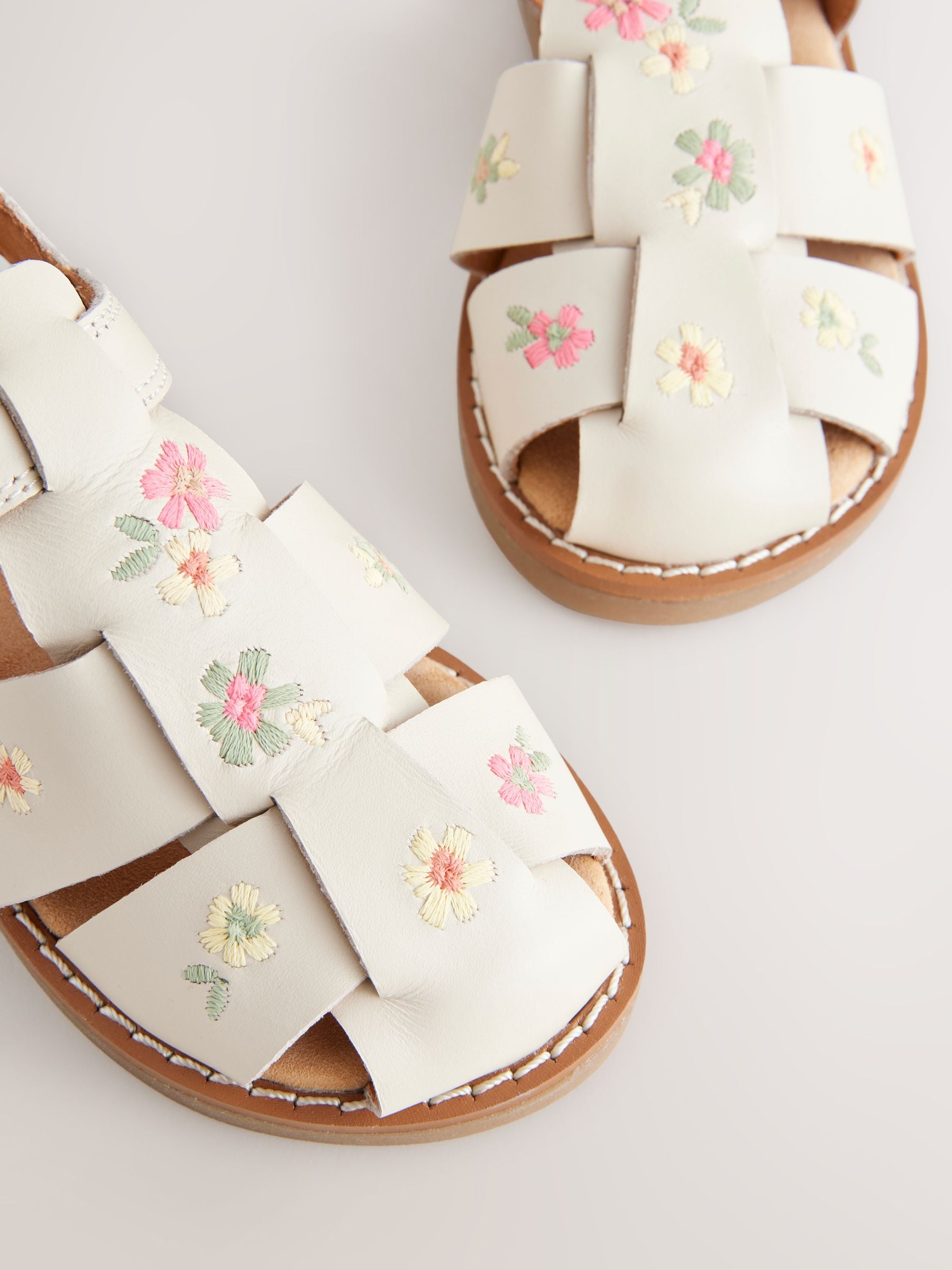 Neutral Embroidered Flower Leather Fisherman Sandals