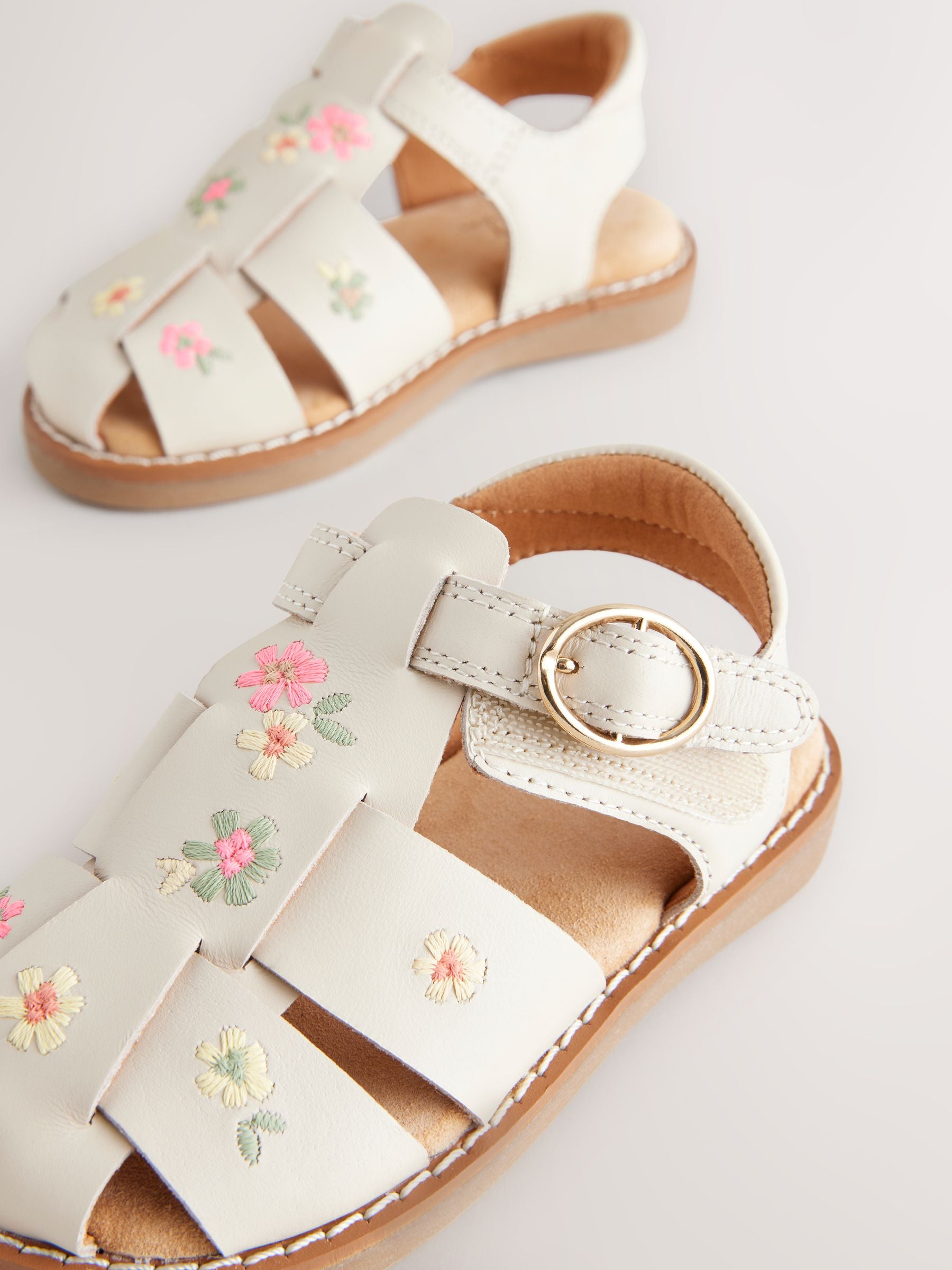 Neutral Embroidered Flower Leather Fisherman Sandals