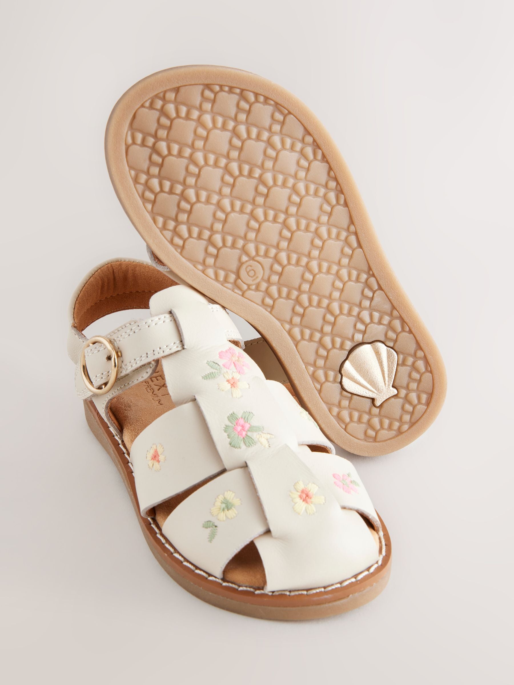 Neutral Embroidered Flower Leather Fisherman Sandals