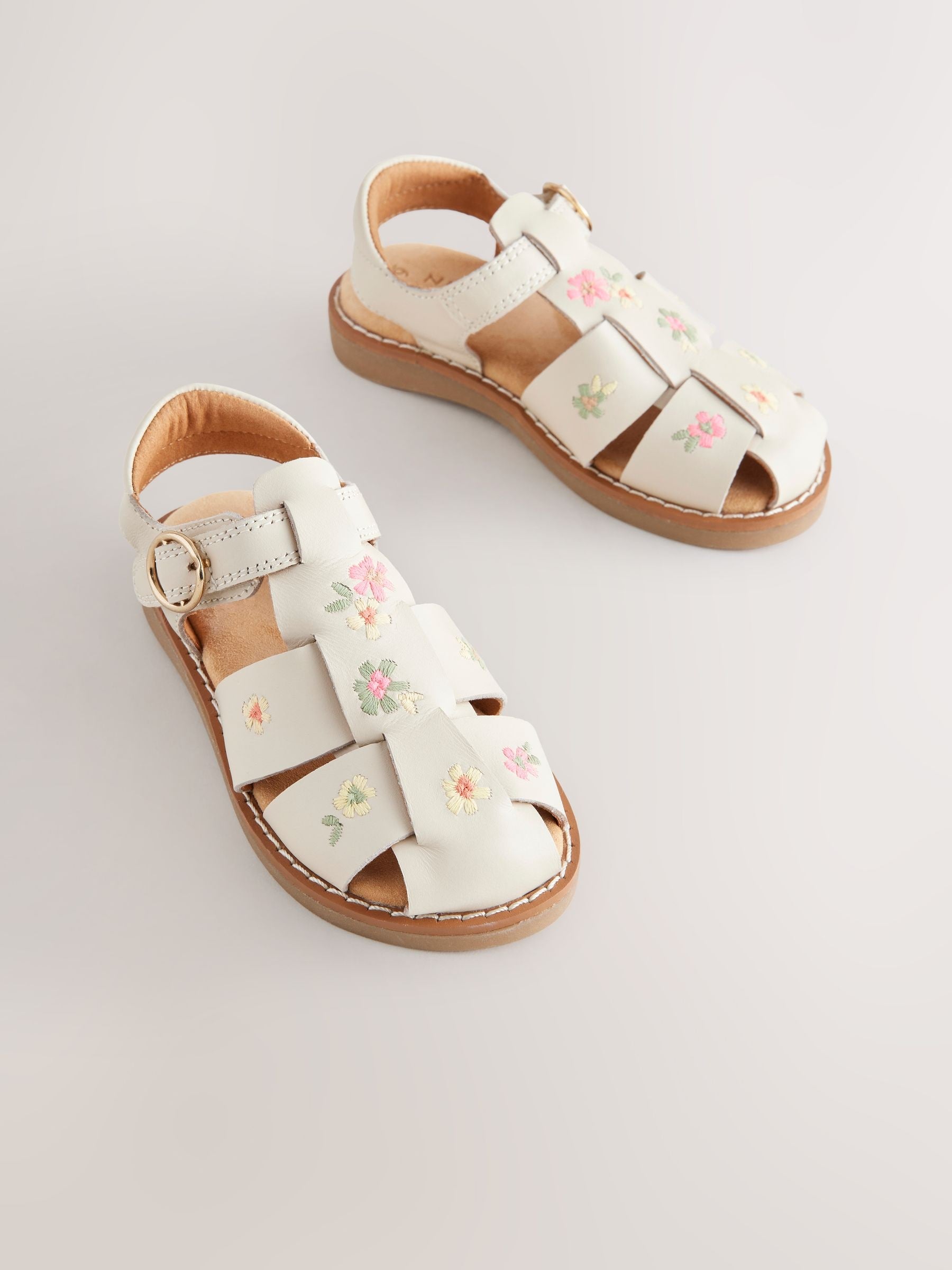 Neutral Embroidered Flower Leather Fisherman Sandals