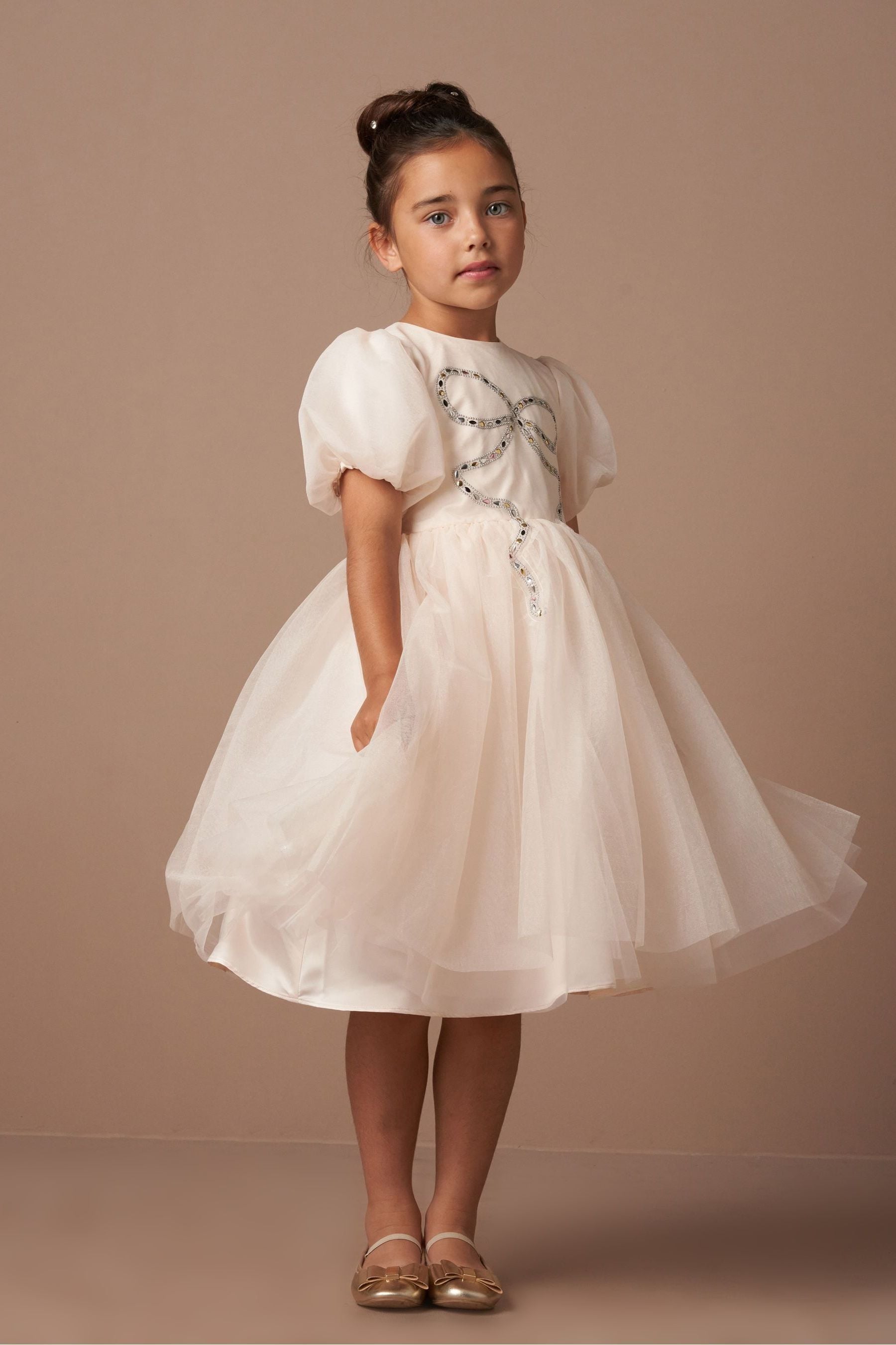 Angel & Rocket Cream Allegra Champagne Silver Bow Dress