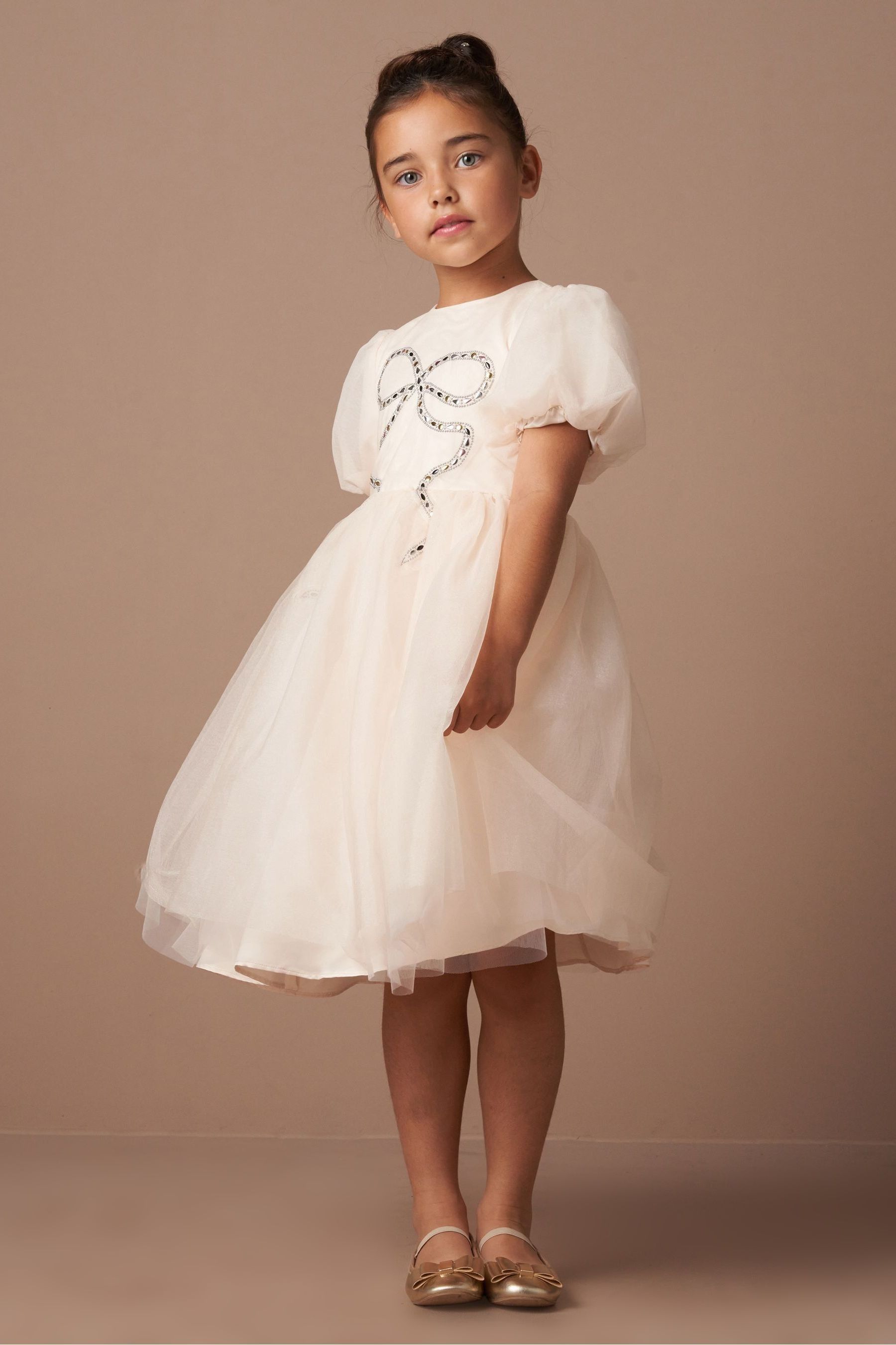 Angel & Rocket Cream Allegra Champagne Silver Bow Dress