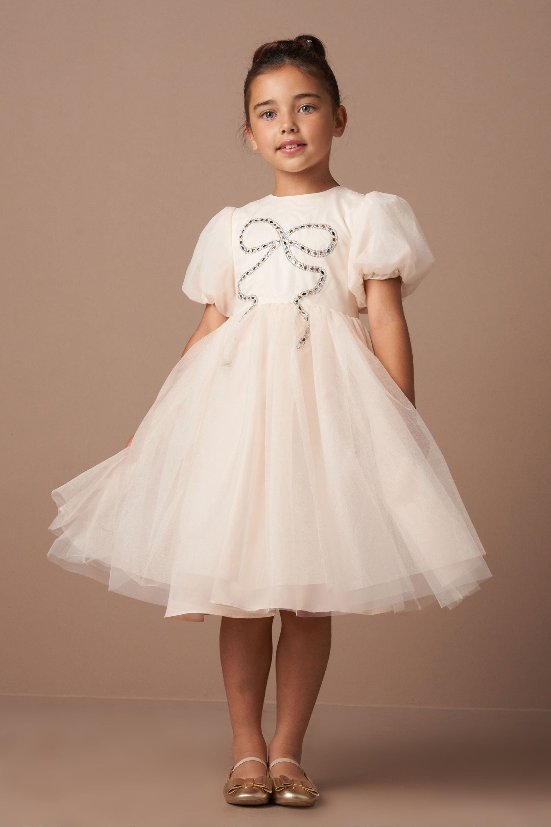 Angel & Rocket Cream Allegra Champagne Silver Bow Dress