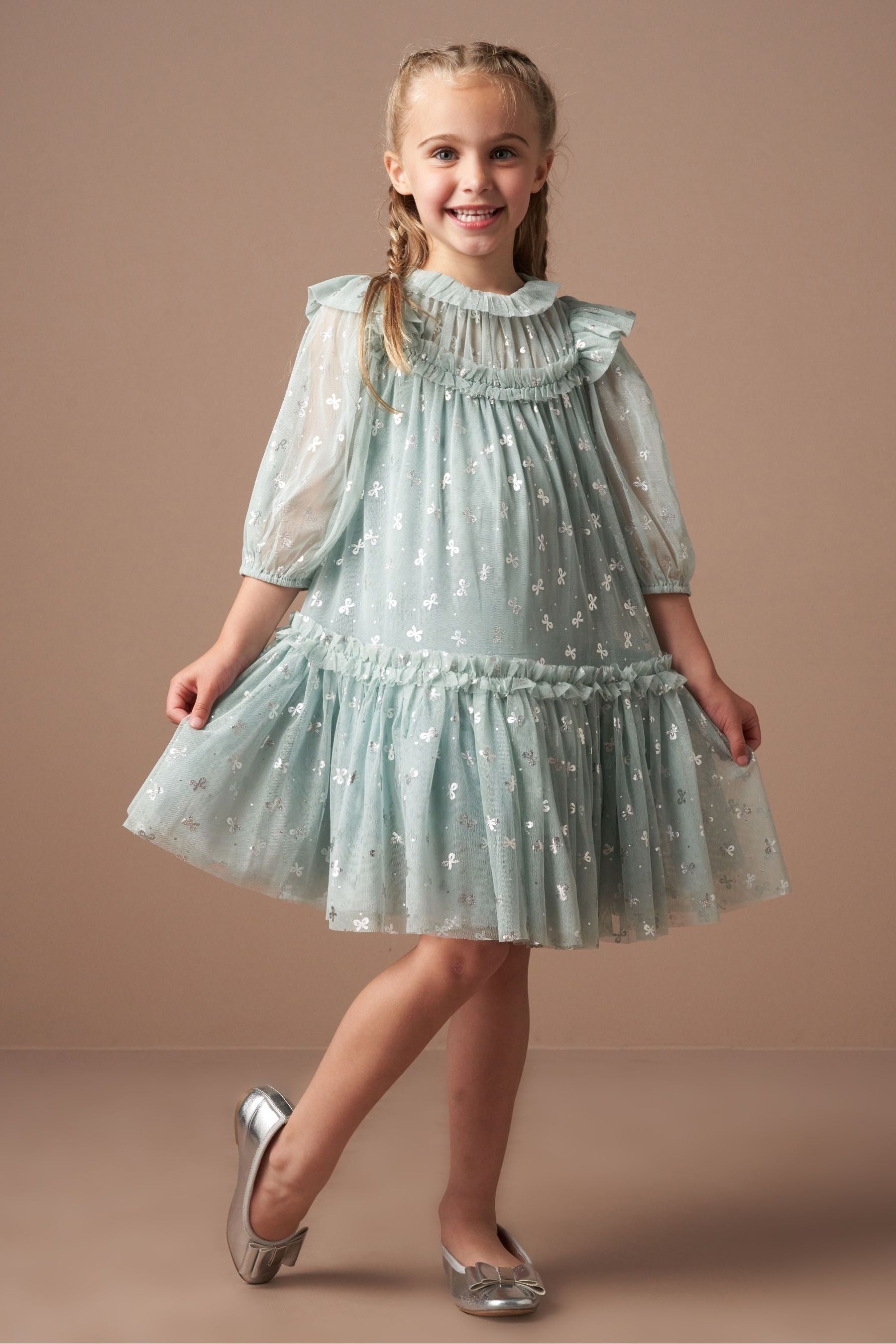 Angel & Rocket Green Georgie Glitter Bow Print Mesh Dress