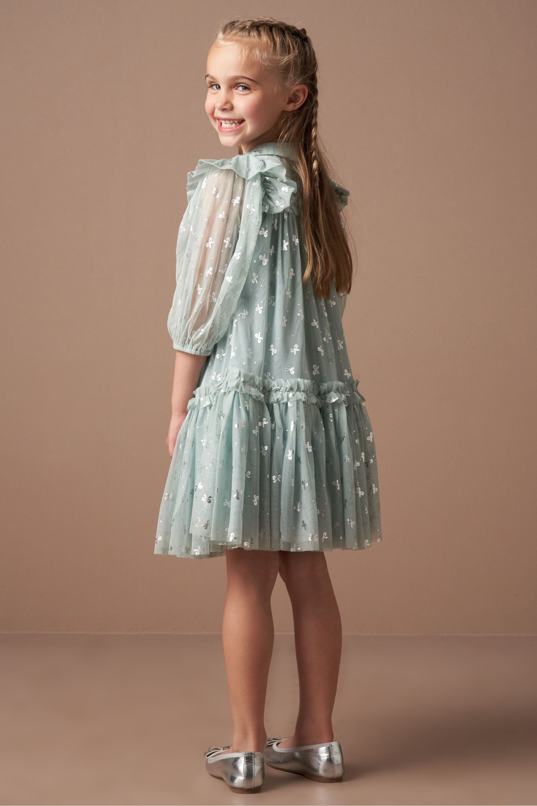 Angel & Rocket Green Georgie Glitter Bow Print Mesh Dress