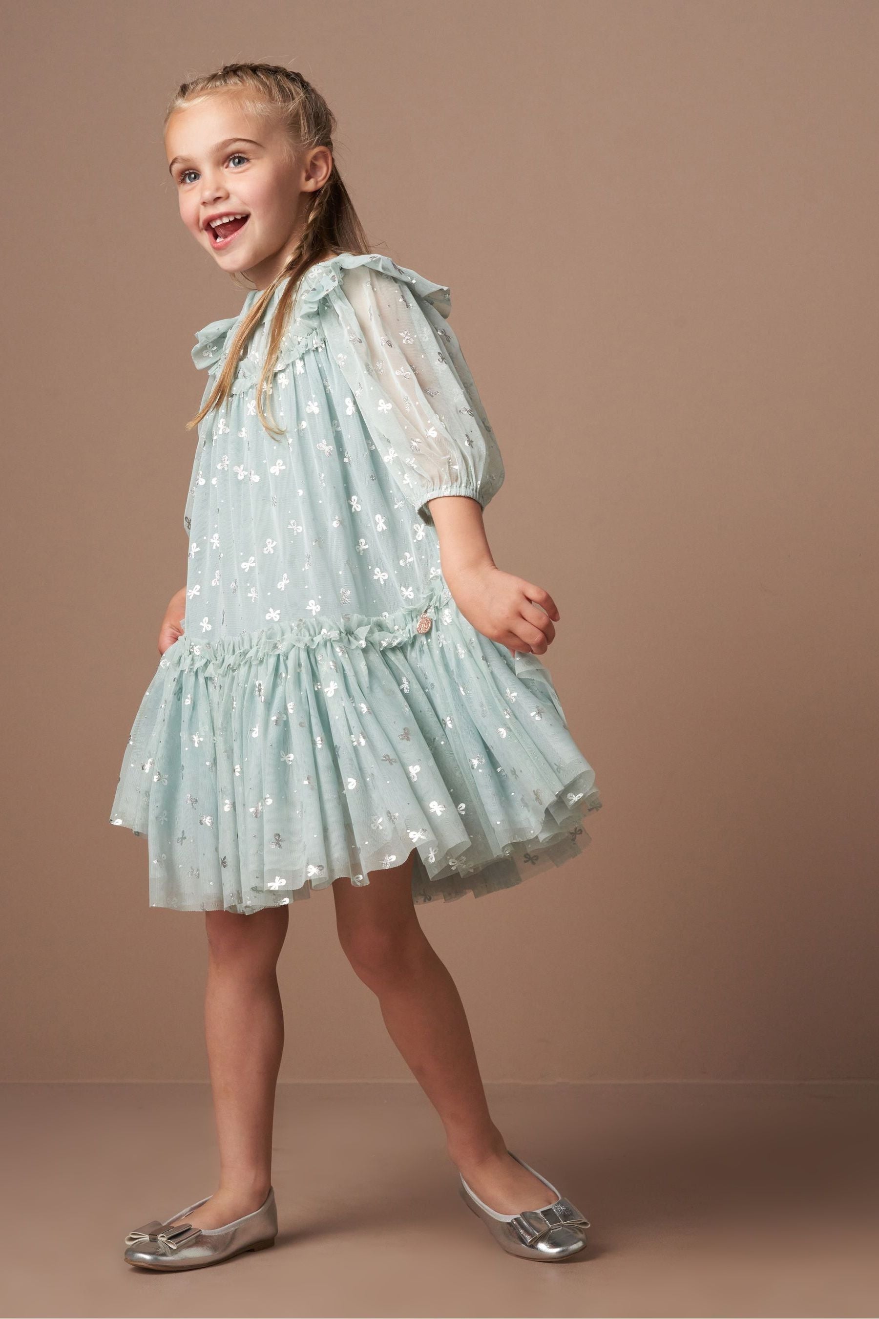 Angel & Rocket Green Georgie Glitter Bow Print Mesh Dress