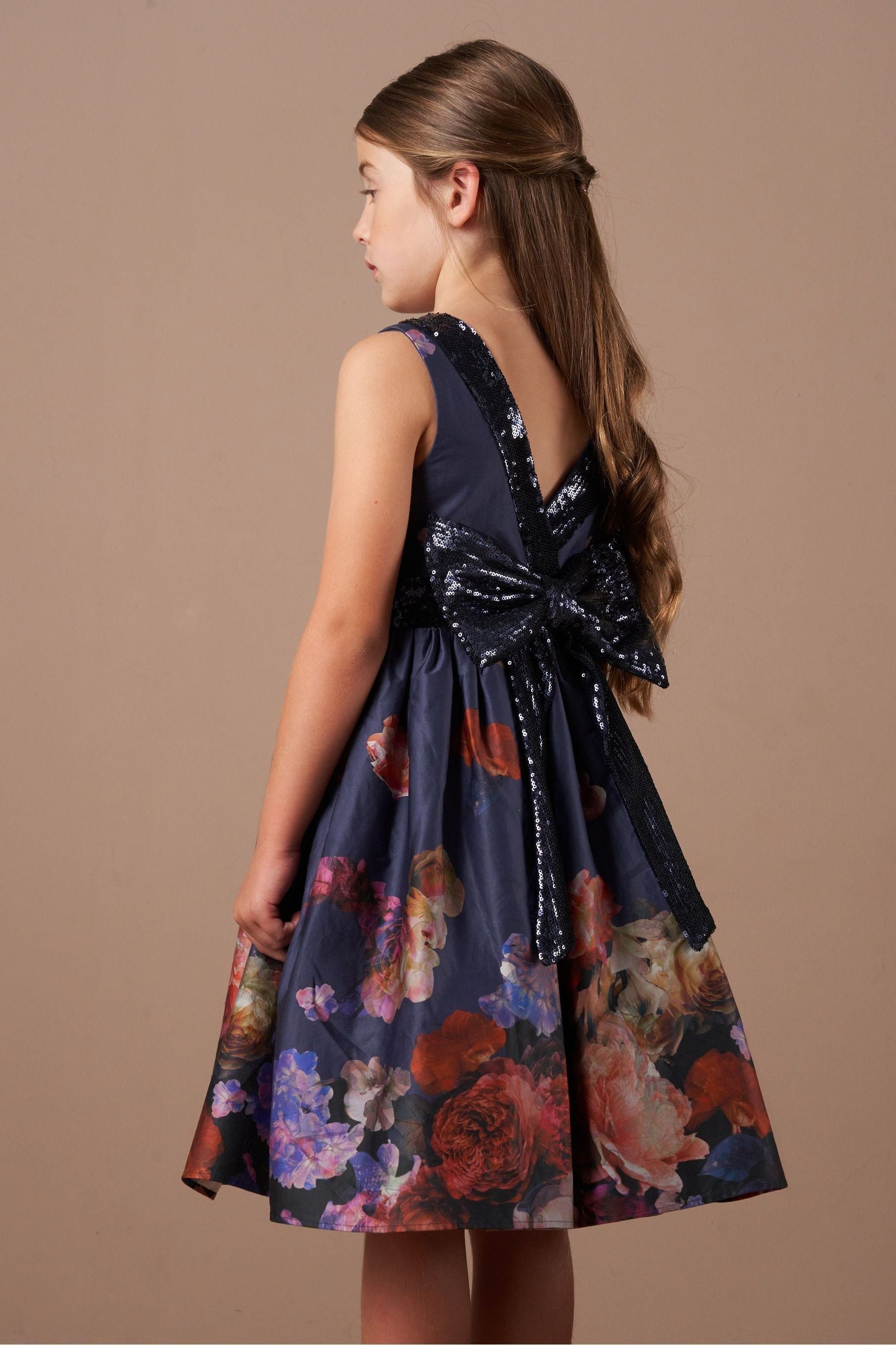 Angel & Rocket Blue Border Print Sequin Bow Dress