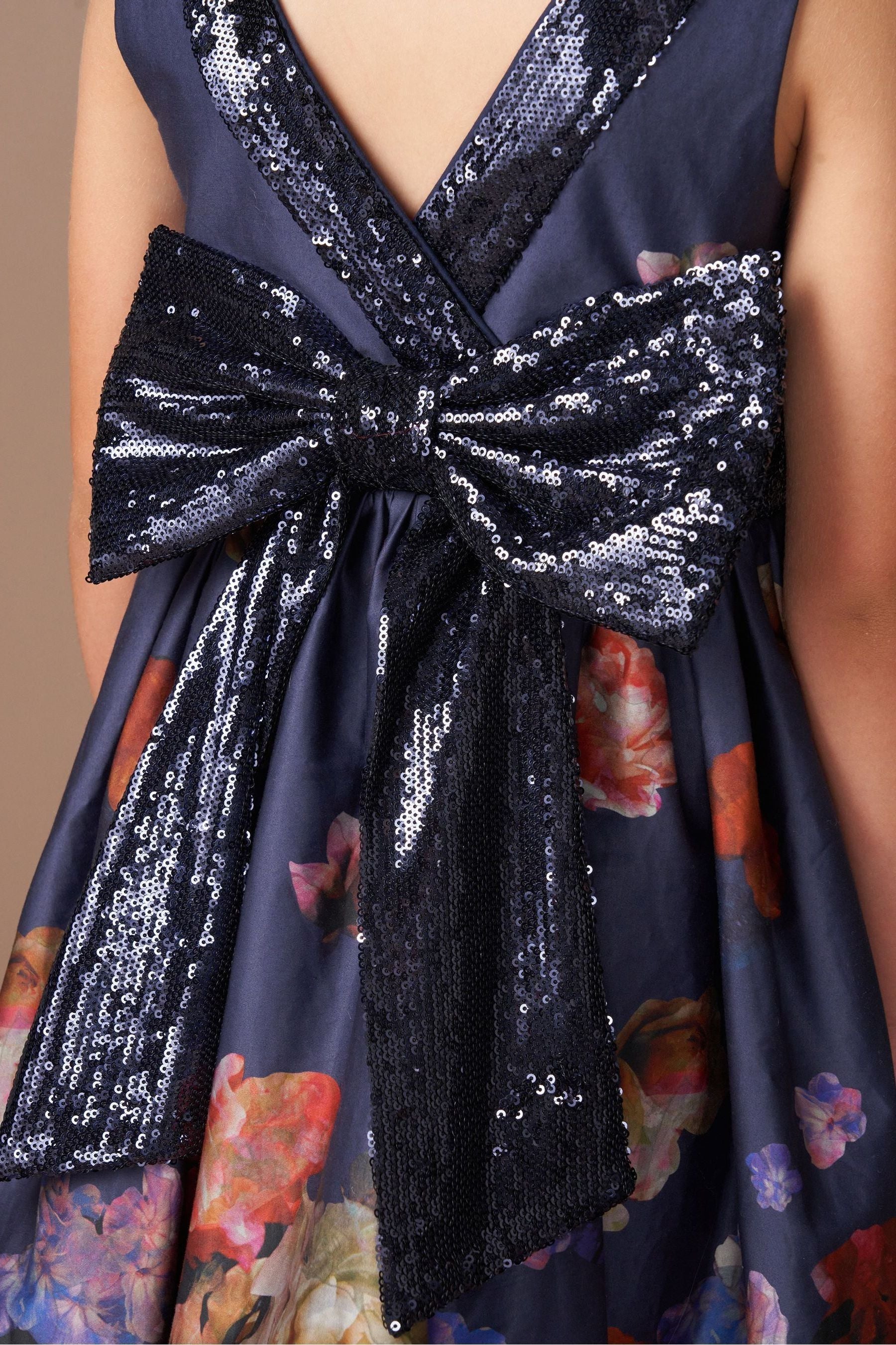 Angel & Rocket Blue Border Print Sequin Bow Dress