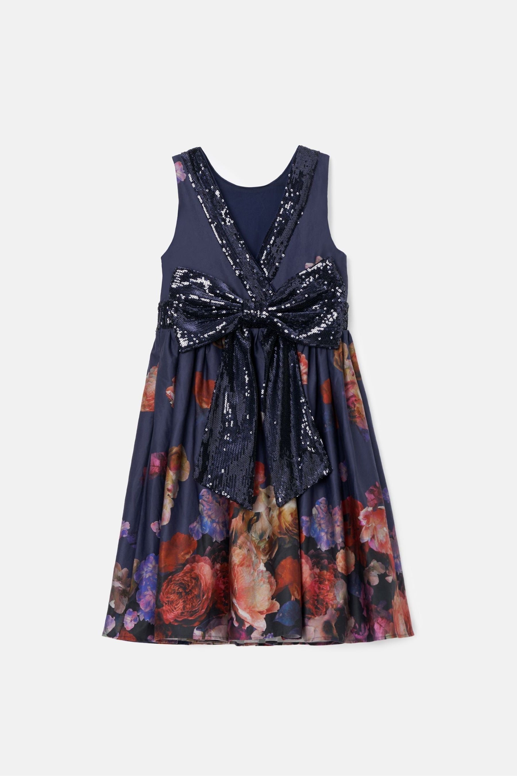 Angel & Rocket Blue Border Print Sequin Bow Dress