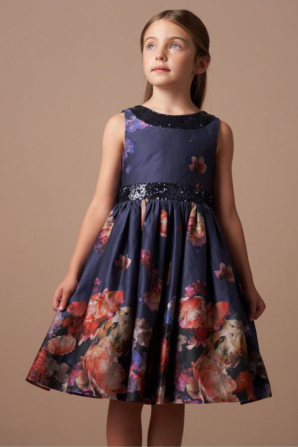 Angel & Rocket Blue Border Print Sequin Bow Dress