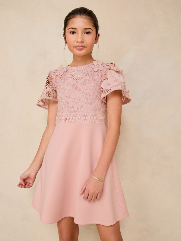 Pink 2-in-1 Flutter Sleeve Lace Occasion Dress (5-16yrs)