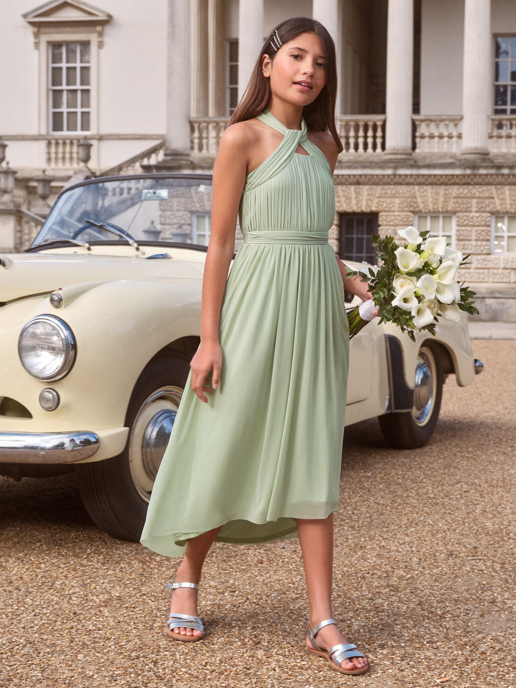 Sage Green Twist Halter Occasion Dress (10-16yrs)