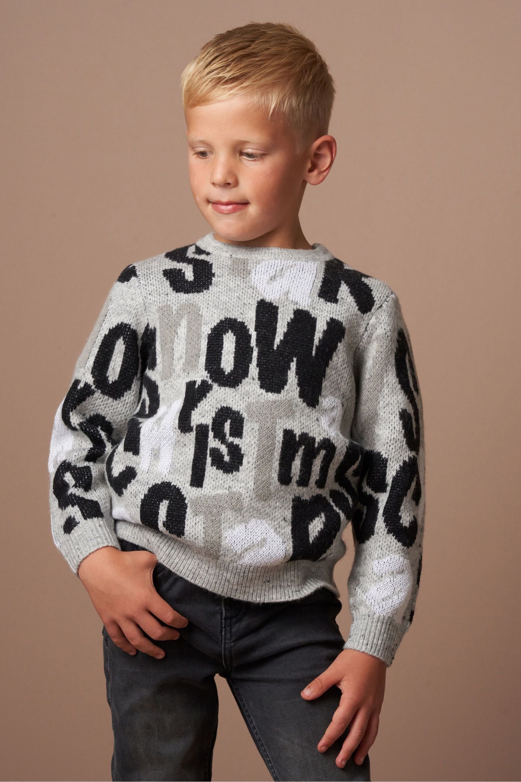 Angel & Rocket Grey Bowen Christmas Slogan Knit Jumper