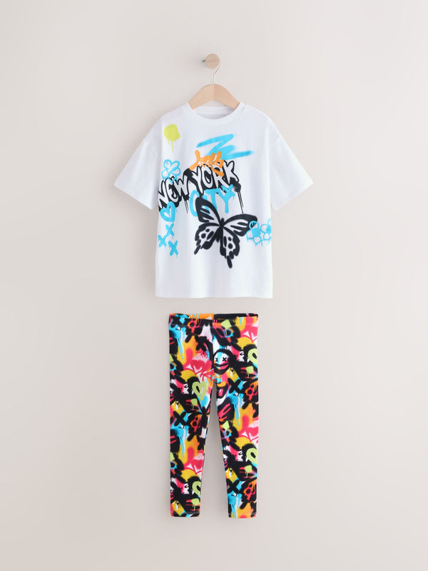 White/Blue Graffiti Oversized T-Shirt and Leggings Set (3-16yrs)