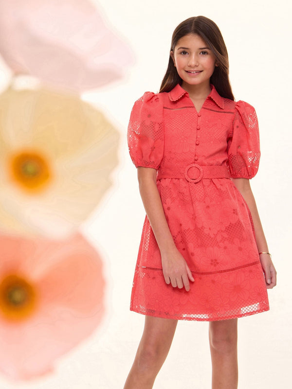 Lipsy Coral Pink Puff Sleeve Occasion Shirt Dress (5-16yrs)