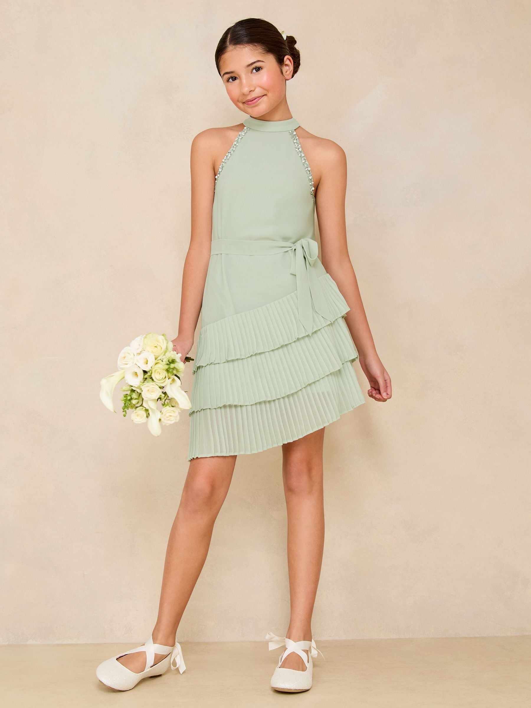 Mint Green Halter Embellished Tiered Occasion Dress (5-16yrs)