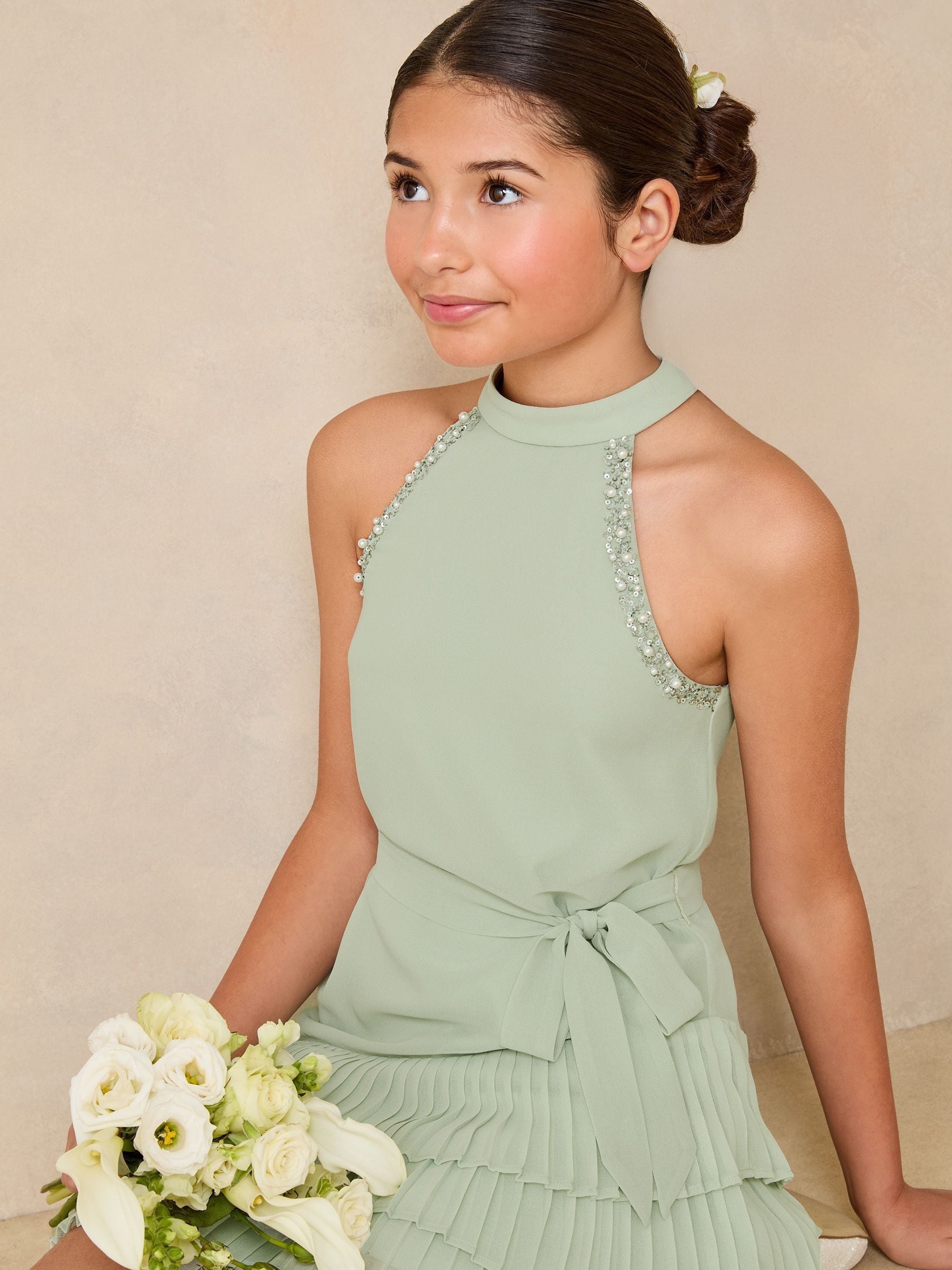 Mint Green Halter Embellished Tiered Occasion Dress (5-16yrs)